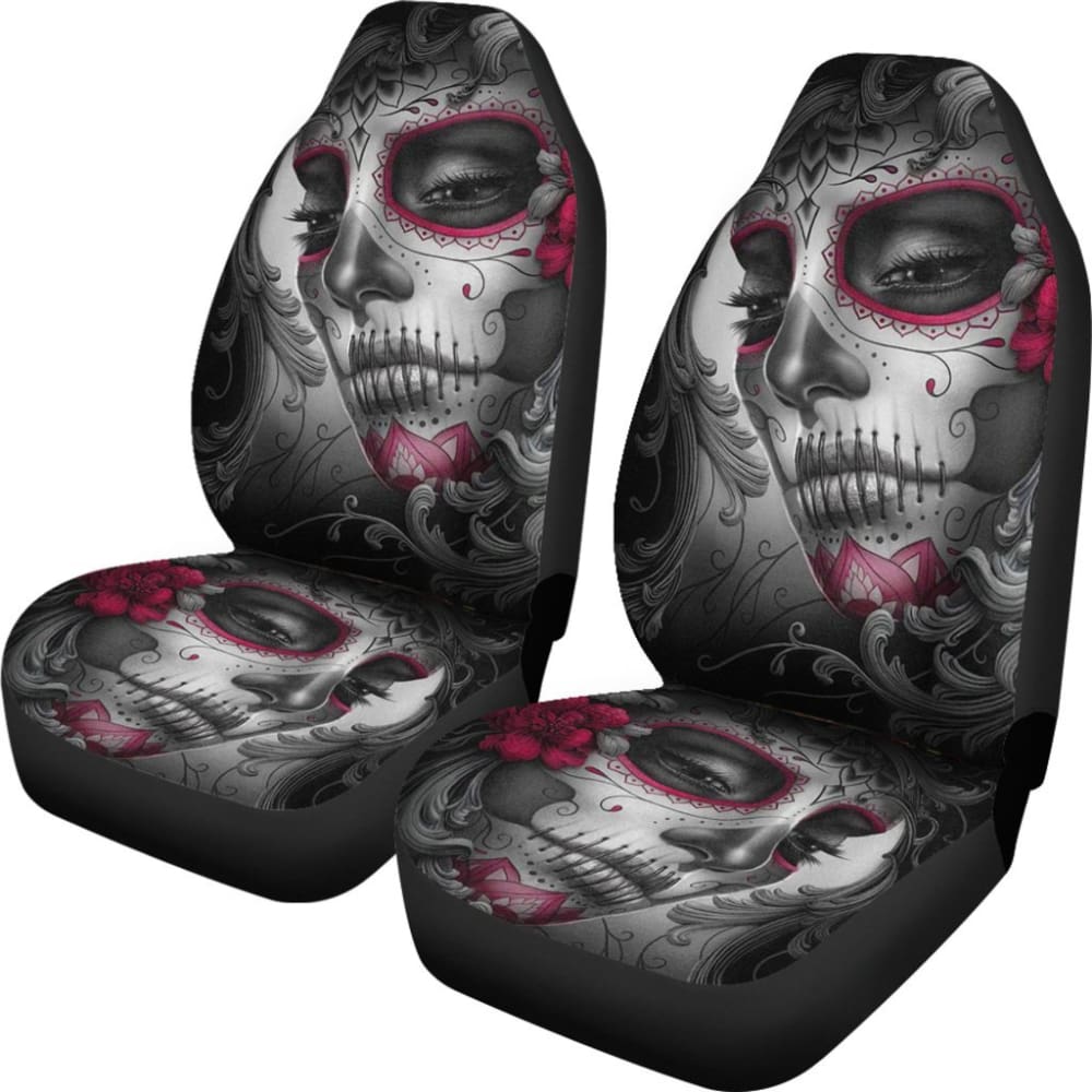 2 Pcs Sugar Skull Girl Car Seat Covers - Gothic Decor for Women's Vehicles, Halloween Auto Accessories - Perfect for Day of the Dead Decorations & Car Interior Styling
