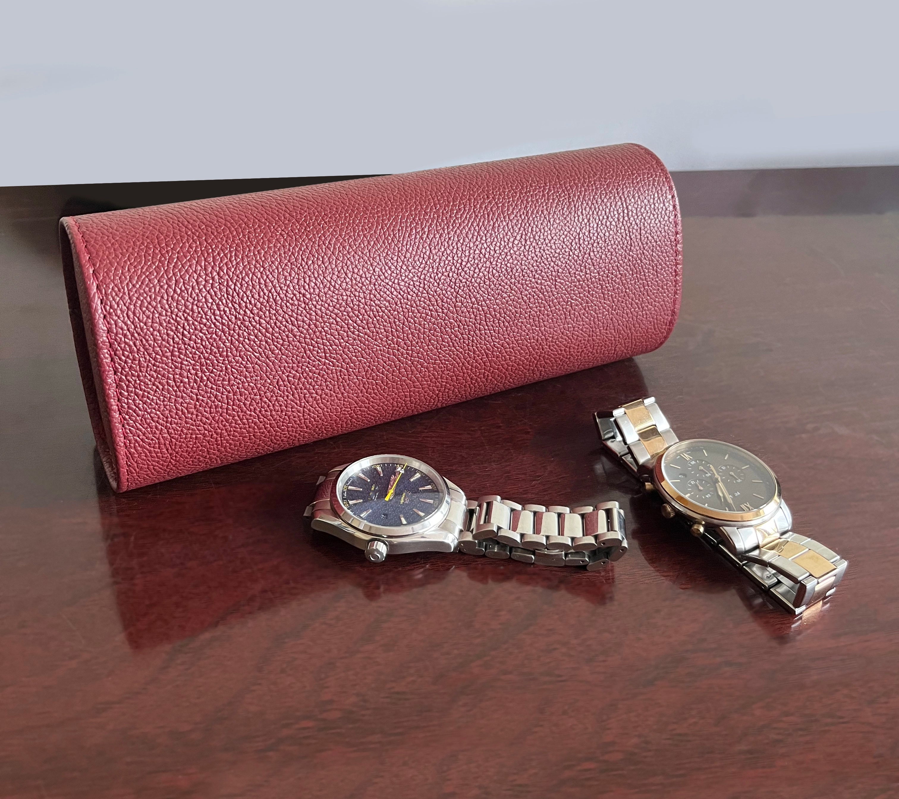 Premium 3-Slot Leather Travel Watch Case for Men & Women - Durable & Stylish Watch Organizer (Red) - Perfect for Business Trips, Vacations & Daily Storage