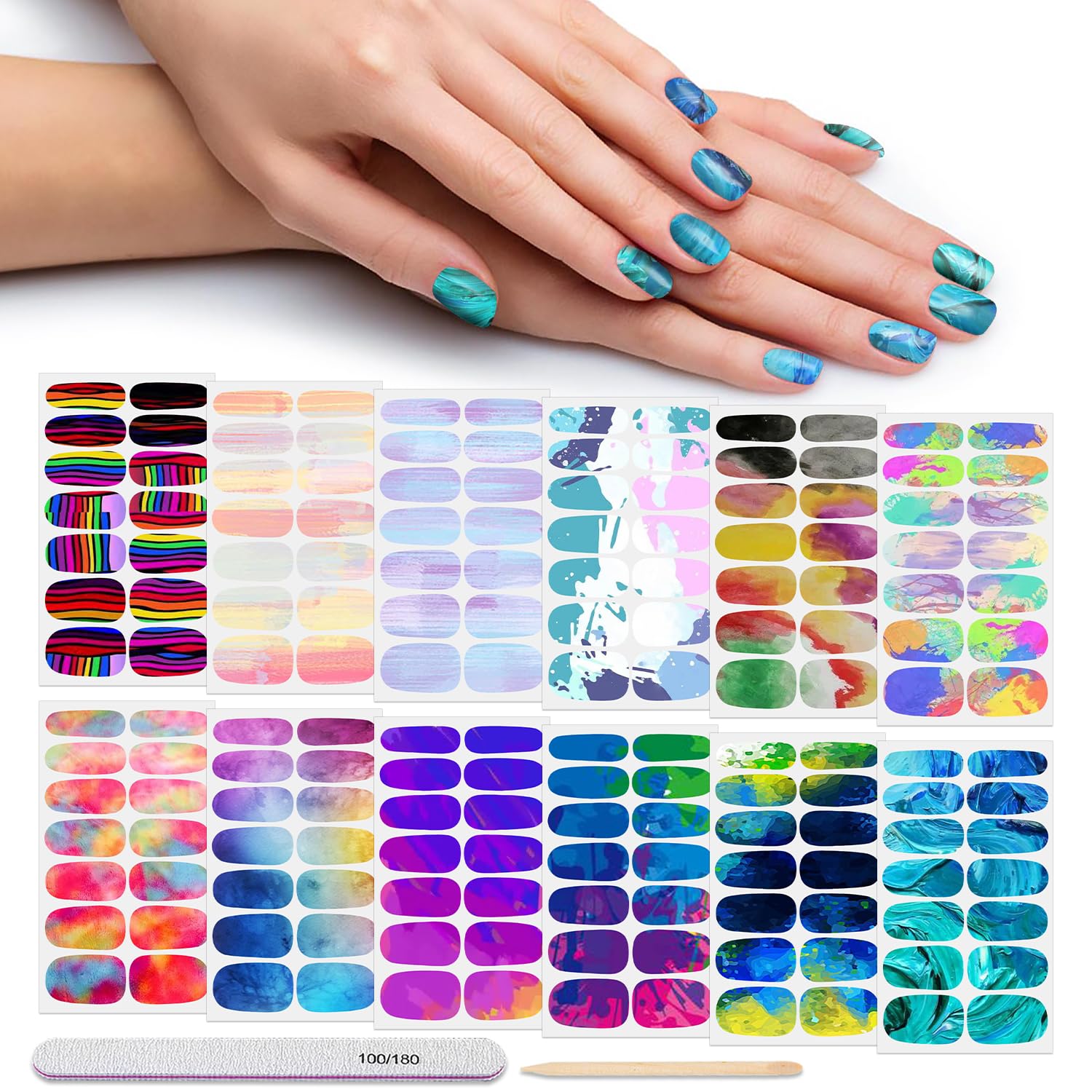 DANNEASY 12 Sheets Rainbow Gradient Nail Polish Strips - Self-Adhesive Nail Stickers, Full Nail Wraps for Women & Girls, Gel Nail Strips Accessories | Perfect for Parties, Weddings, Holidays & DIY Nail Art