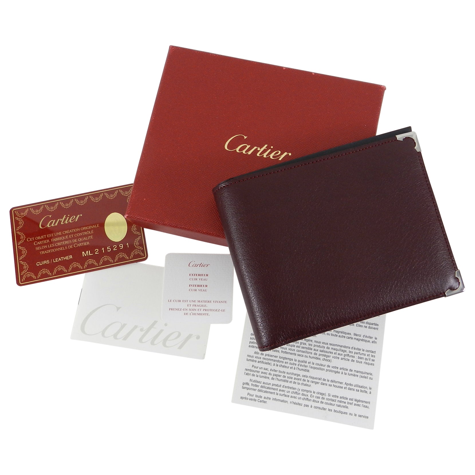 Cartier Burgundy Genuine Leather Bifold Wallet with Silver Corner Caps - Stylish & Durable Men's Wallet for Everyday Use & Gifts