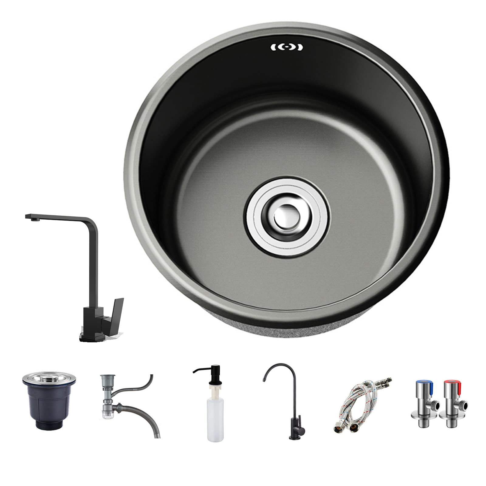 Round Black Stainless Steel Kitchen Sink - 15.7