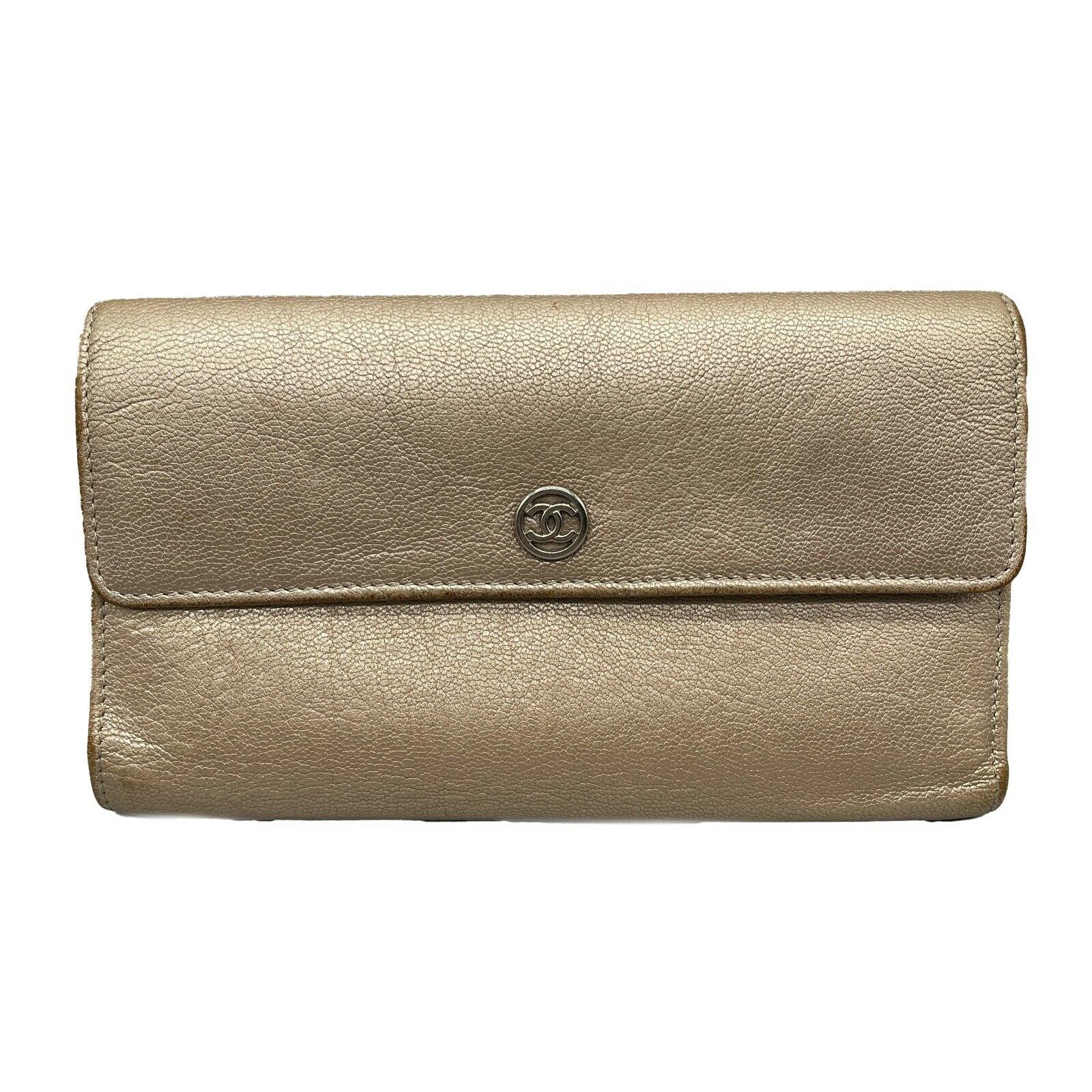CHANEL 07C Metallic Gold Leather Wallet with Silver Hardware & CC Caviar Logo - Luxury Designer Wallet for Women, Perfect for Everyday Use & Special Occasions
