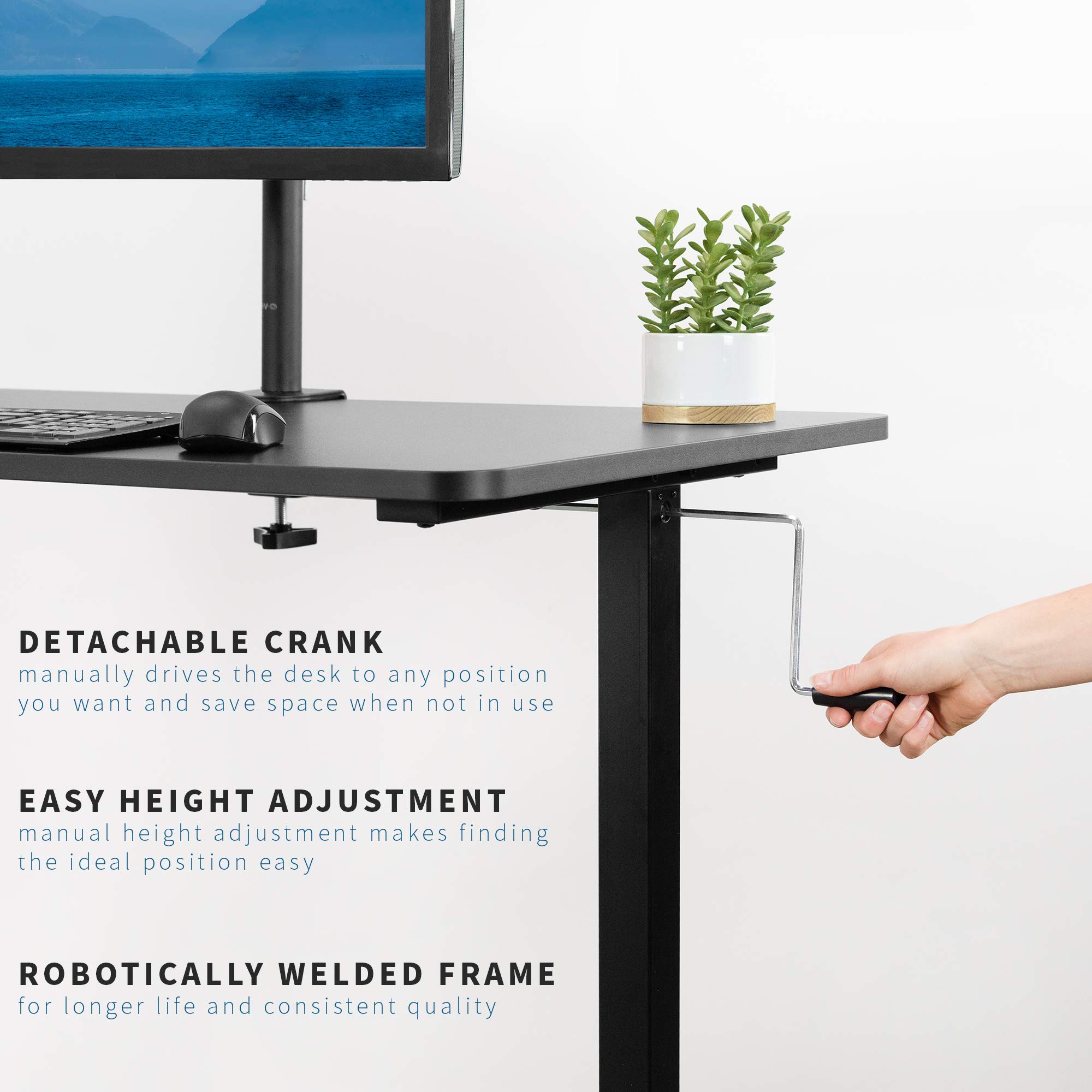 VIVO Height Adjustable 140cm x 61cm Standing Desk | Hand Crank Sit Stand Home Office Workstation with Frame & Table Top | Black | DESK-M55TB | Perfect for Small Spaces & Remote Work