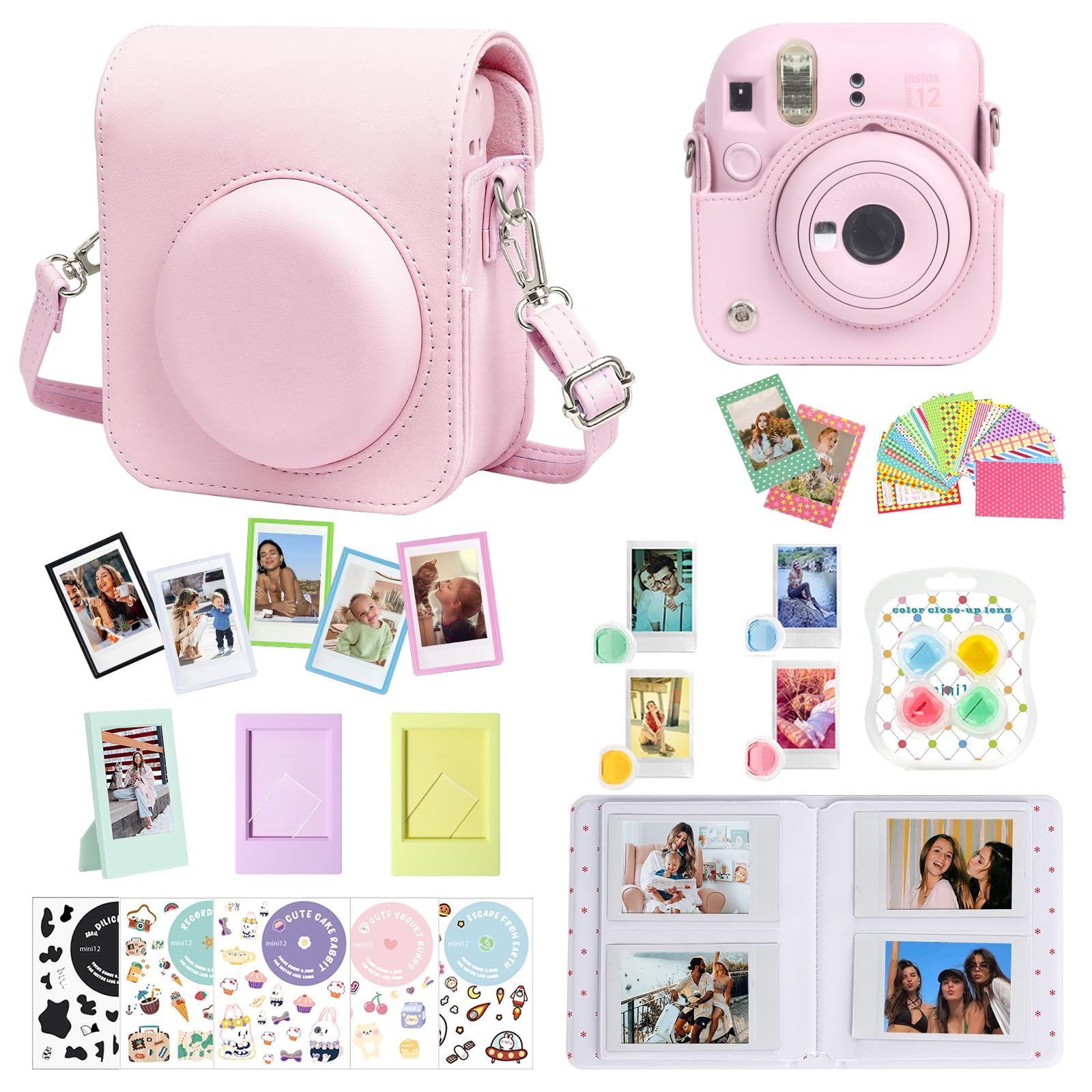 Fujifilm Instax Mini 12 Camera Accessories Bundle - PU Leather Case, Mini Photo Album, Decorative Frames, DIY Stickers & Color Filters (Pink) for Instant Photography & Scrapbooking