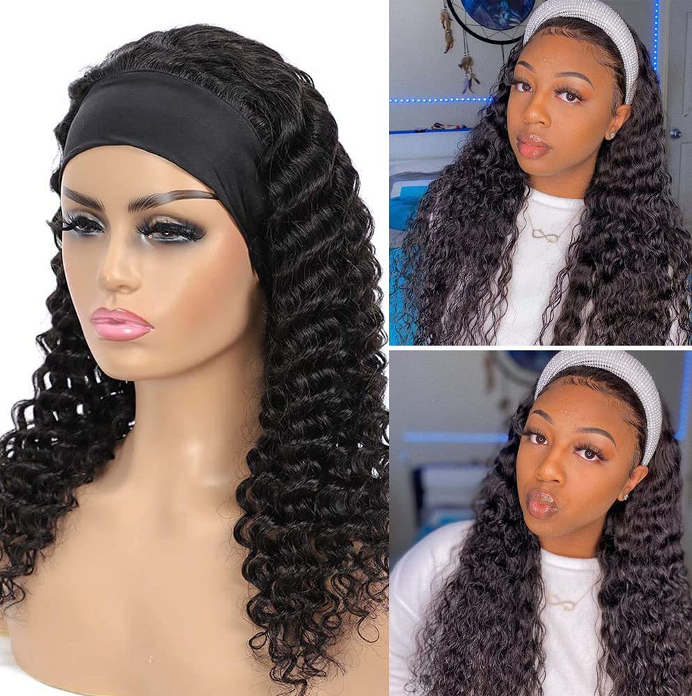 Rebasar Deep Wave Headband Wig - 26 Inch Brazilian Virgin Human Hair Curly Wig for Black Women | Glueless No Lace Front | 150% Density Natural Black | Perfect for Daily Wear, Parties & Protective Styling