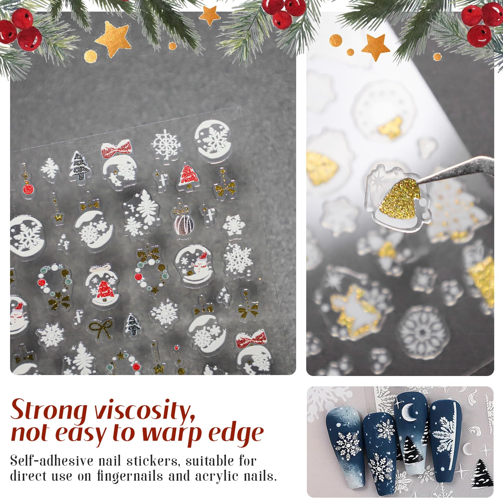 10 Sheets 3D Snowflake Nail Art Stickers - Self-Adhesive Christmas Nail Decals in Black, White, Gold & Silver | Winter Snowflake Nail Designs for Women | Perfect for Holiday Parties, Christmas Gifts & Winter Nail Art