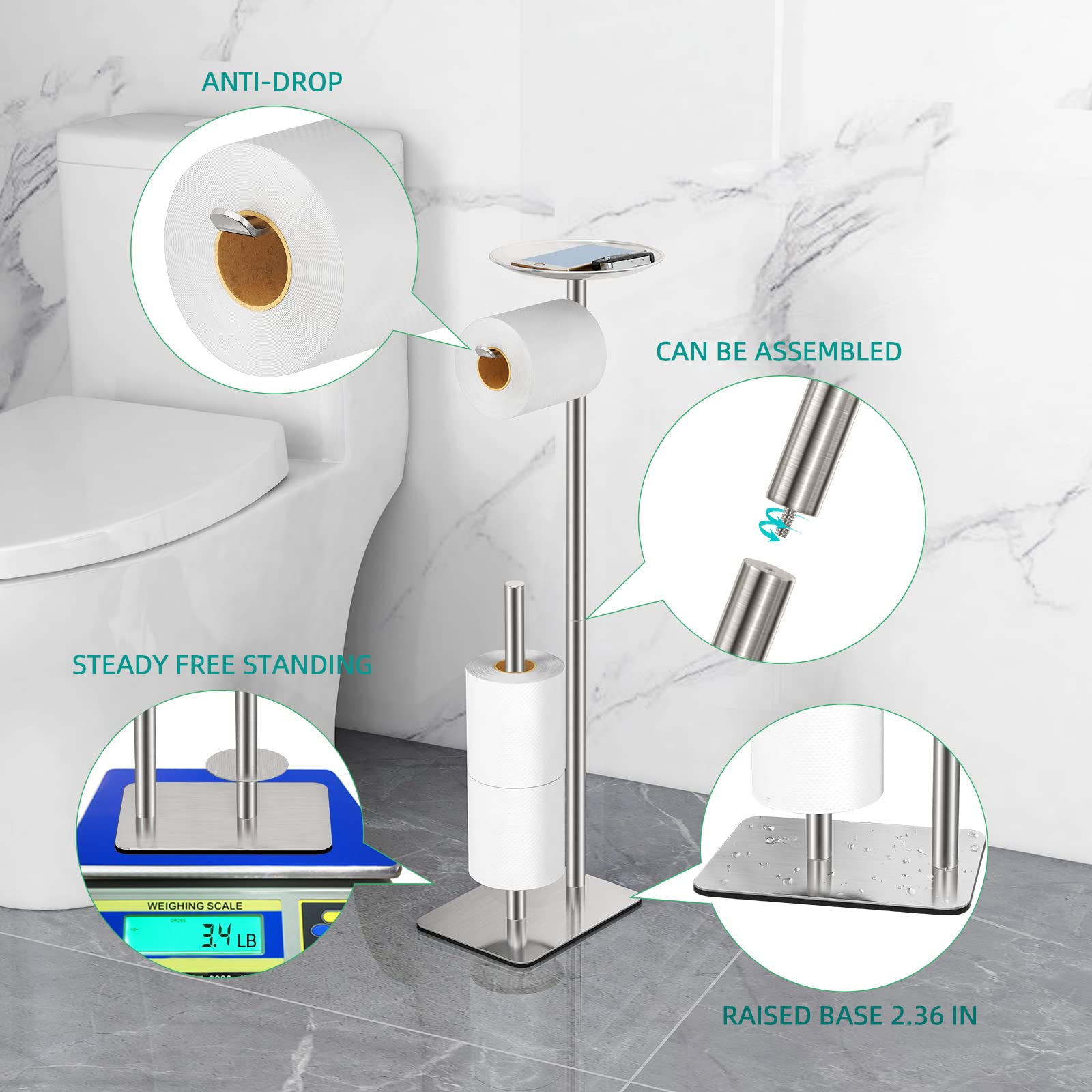 Sturdy Floor Standing Toilet Paper Holder with Storage Shelf - Holds 4 Reserve Rolls & Organizes Phone, Wipes, Wallet - Brushed Nickel Finish for Modern Bathroom Decor - Perfect for Home, Office & RV Use