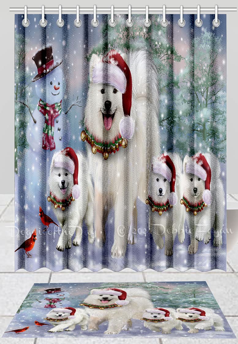 Samoyed Dog Christmas Shower Curtain & Bath Mat Set - Anti-Slip Bathroom Decor with Hooks, Plush Rug & Polyester Curtain (20x32in Mat + 36x72in Curtain) - Perfect for Holiday Bathroom Decor & Dog Lover Gifts