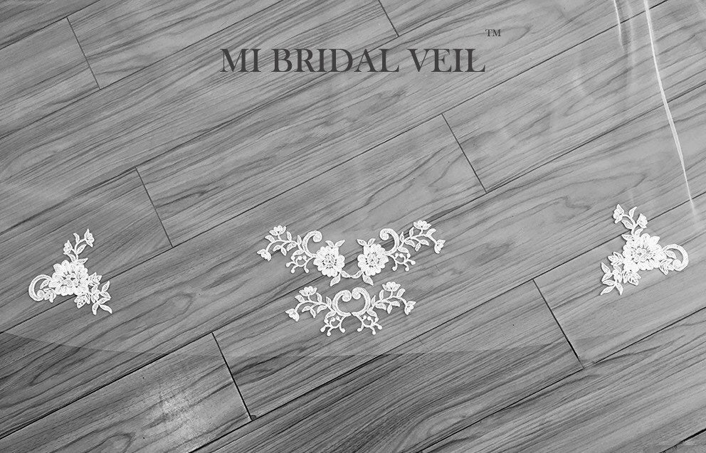 Elegant Cathedral Lace Wedding Veil with Appliqués and Blusher - Perfect for Bridal Ceremonies and Wedding Photos