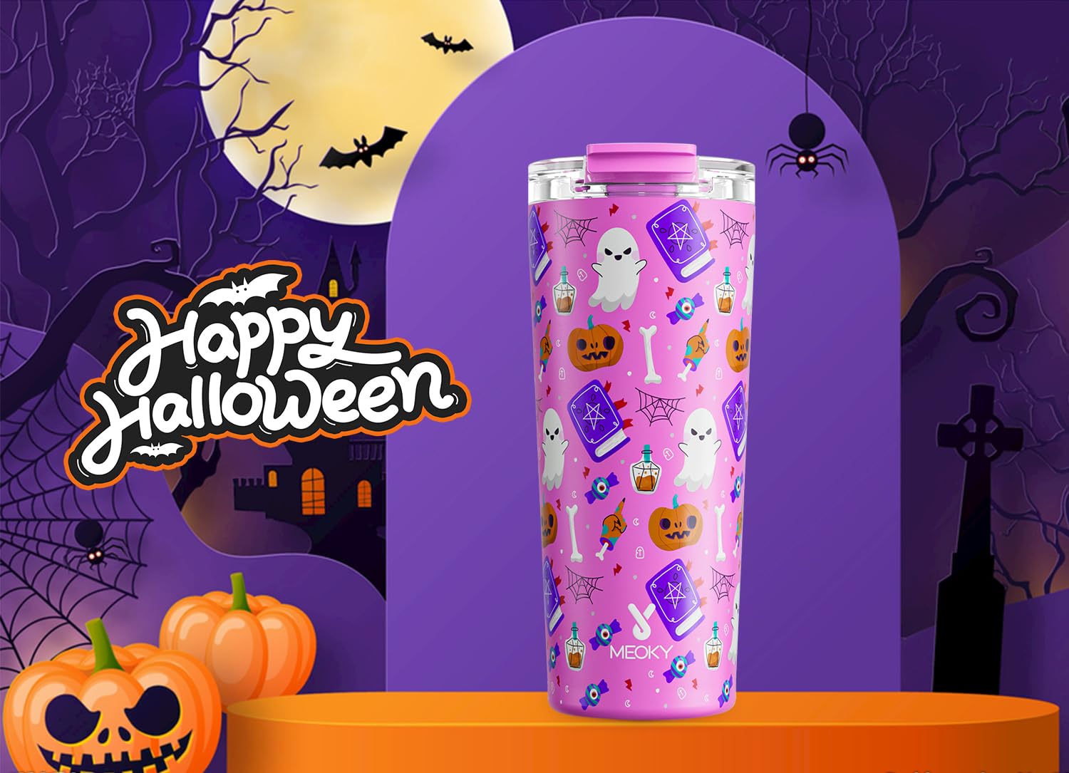 Meoky 24oz Stainless Steel Halloween Coffee Tumbler - Insulated Travel Mug with Leak-Proof Lid | Keeps Beverages Hot 8 Hours & Cold 24 Hours | Car Cup Holder Compatible (Spooky Pumpkin Design) | Perfect for Halloween Parties, Office Commutes & Road Trips