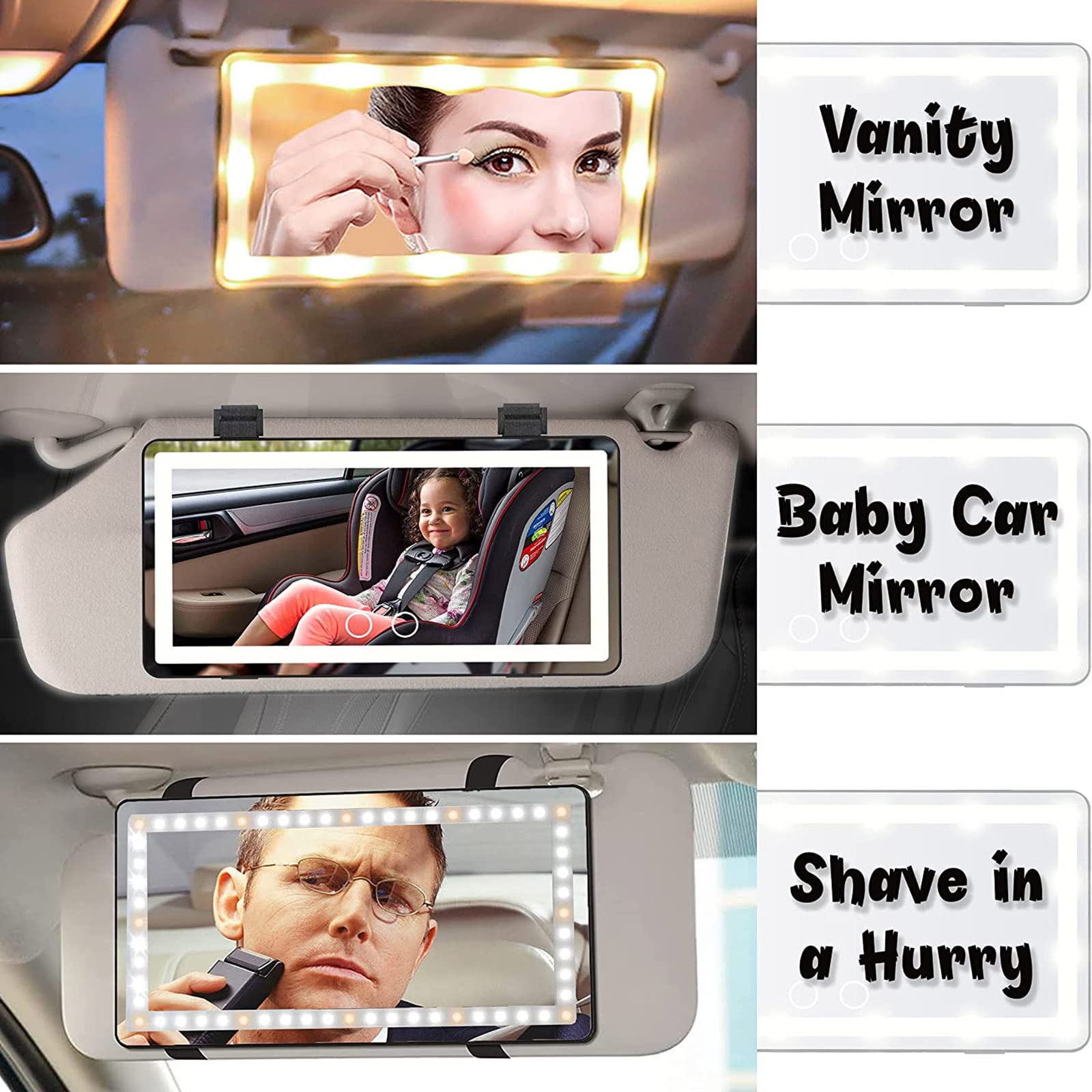 Rechargeable LED Car Visor Mirror with 3 Light Modes & Dimmable Touch Screen - Clip-on Sun Visor Vanity Mirror for Trucks & Cars - Perfect for Women & Girls (White) - Ideal for Makeup, Baby Monitoring & Road Safety