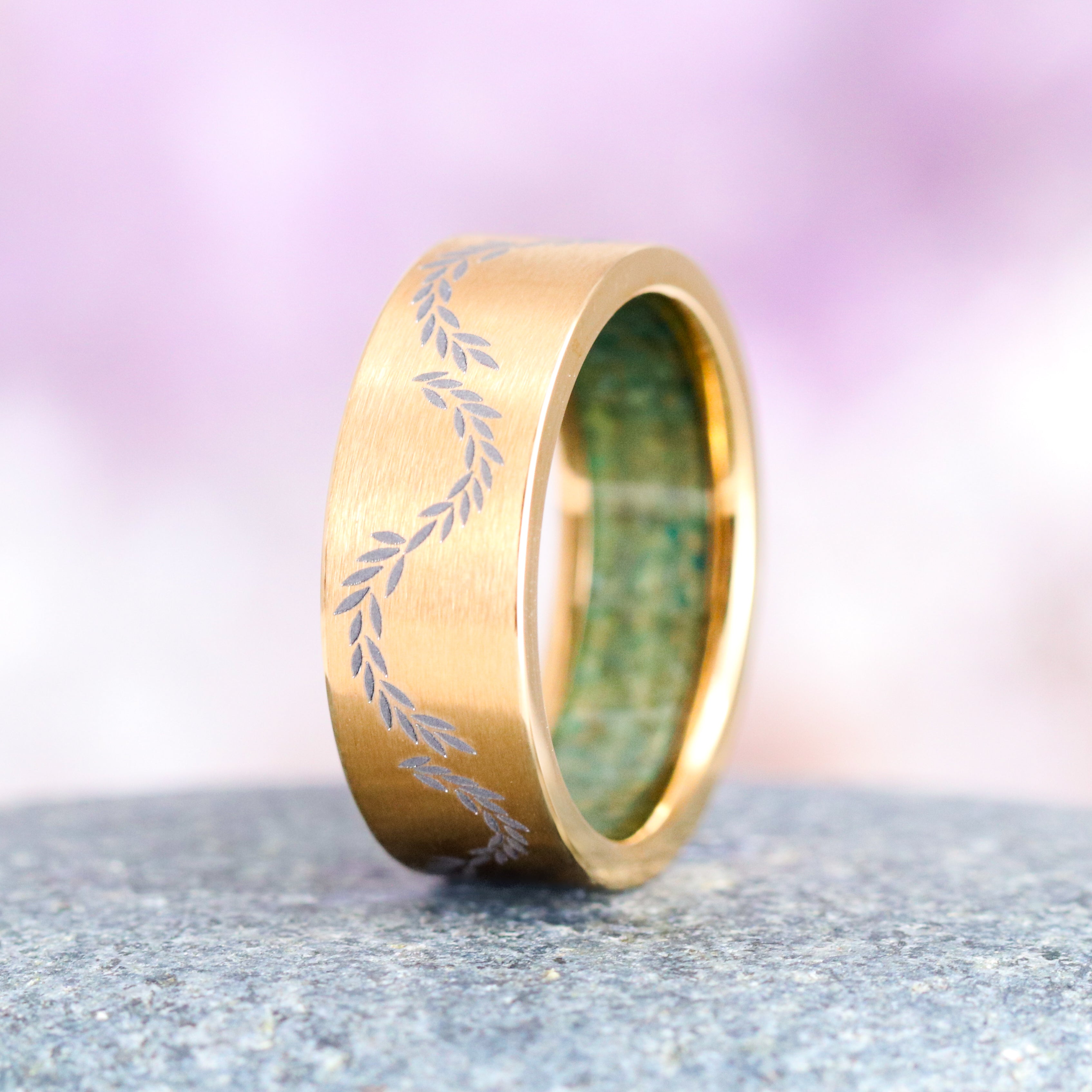 Green Moss Agate Leaf Wedding Band Ring - 8mm Yellow Gold Titanium for Women - Nature-Inspired Jewelry for Brides, Engagement, Anniversary & Boho Style