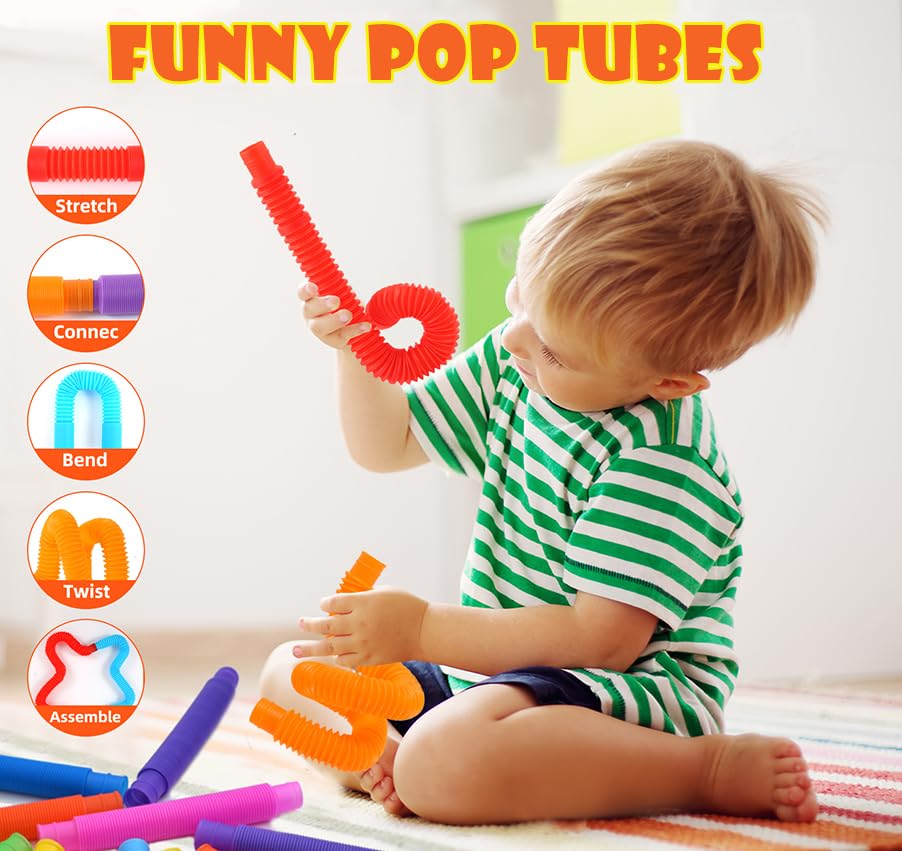 60 Pack Pop Tubes Sensory Toys - Connectable & Extendable Fidget Toys for Stress Relief & Anxiety - Party Favors, Classroom Prizes, Treasure Box Toys - Perfect for Kids Birthday Gifts, School Events & Sensory Play Therapy