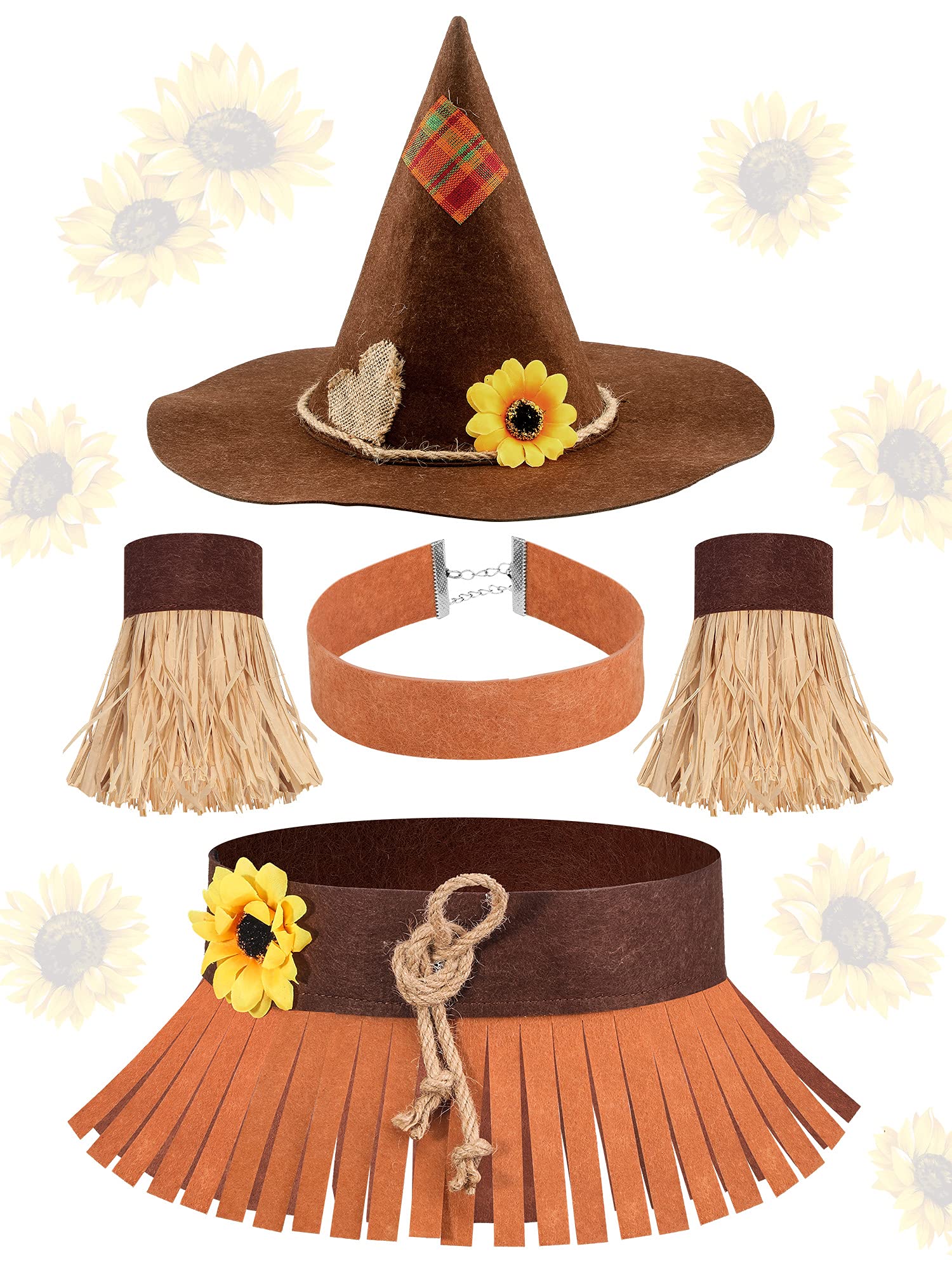 5-Piece Halloween Scarecrow Costume Set - Felt Hat, Necklace, Waist Belt & Straw Wristbands for Adults & Kids | Perfect for Halloween Parties, Cosplay & Themed Events
