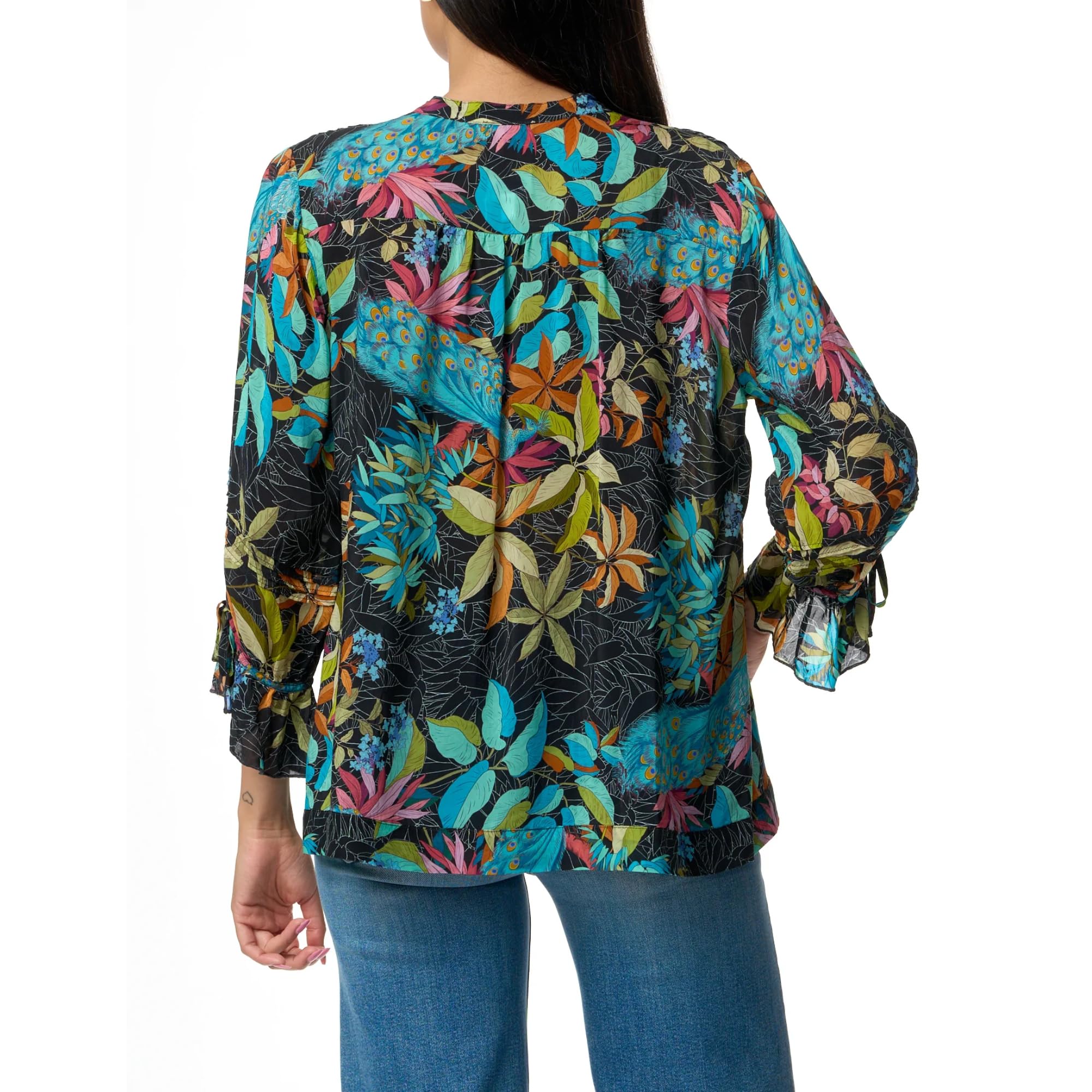 Johnny Was Vacanza Blouse - Floral Peacock Print Deep Black Button Up Shirt Top for Women, Small | Boho Chic Style for Casual Wear, Date Nights & Summer Outfits
