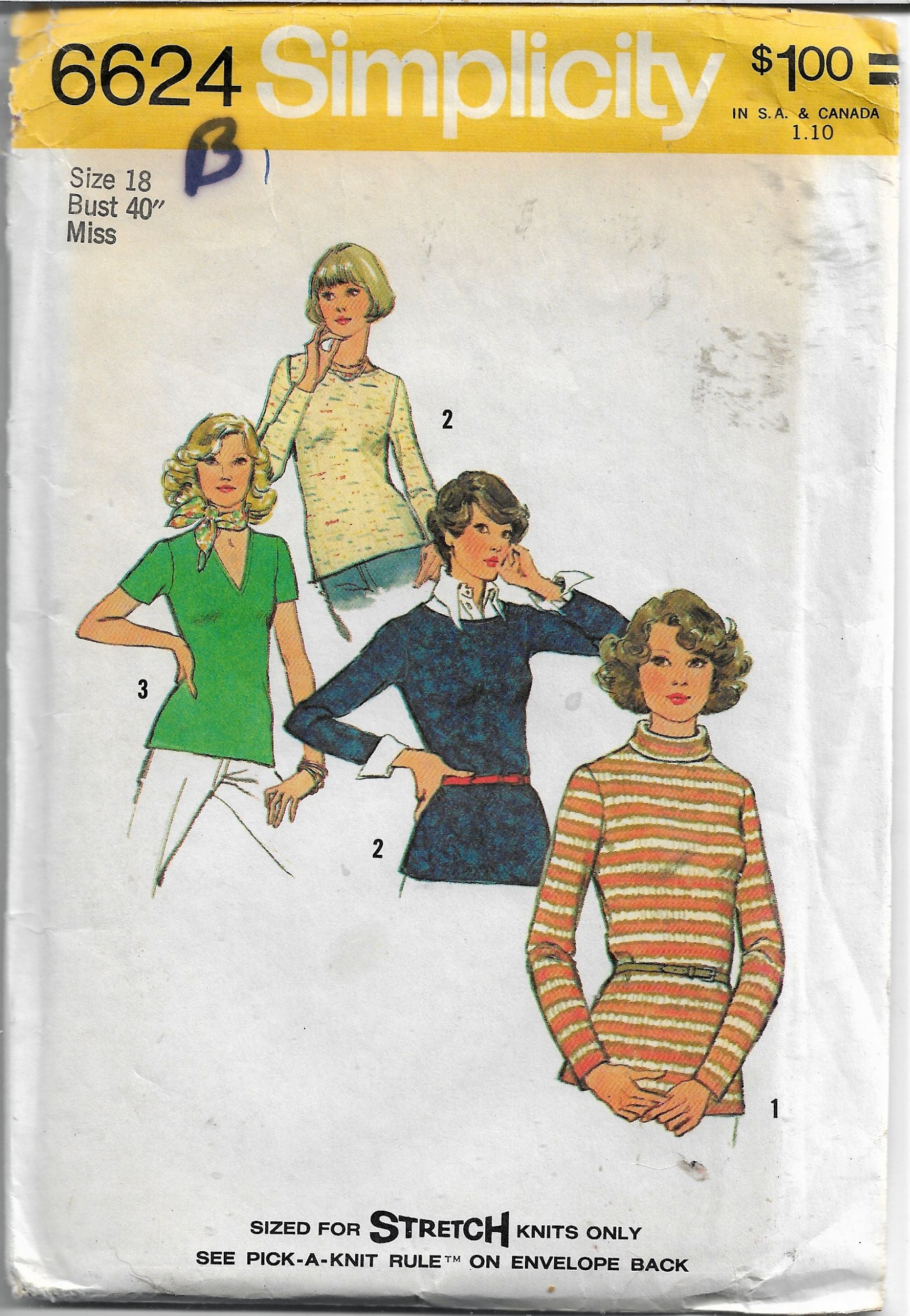 Vintage 1970s Simplicity 6624 Ladies Stretch Knit Tops Sewing Pattern - DIY Retro Fashion for Costume Parties & Historical Reenactments