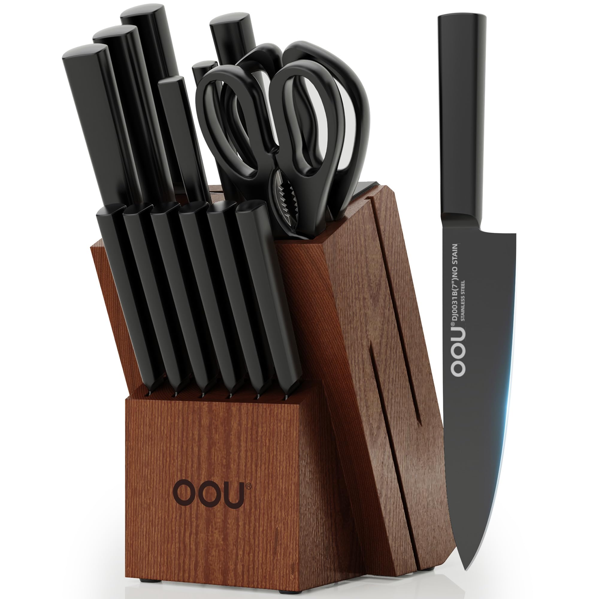 OOU 15-Piece High Carbon Stainless Steel Kitchen Knife Block Set - Professional Chef Knives with Anti-Rust Black Blades & Built-in Sharpener, Walnut Wood Stand - Perfect for Home Cooking, Restaurant Use & Gift Giving