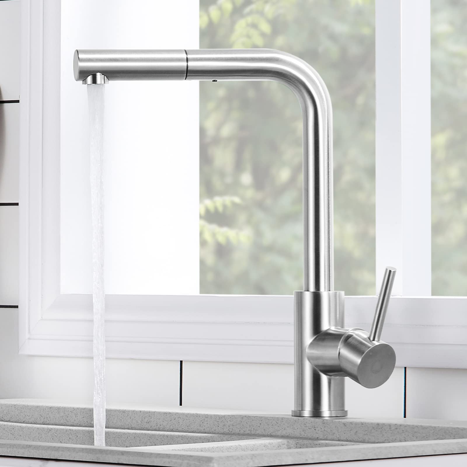 CECIPA Stainless Steel Pull-Out Kitchen Faucet with 360° Swivel Sprayer & Removable Aerator - No Drip Design for Modern Home Kitchen Sink (Ideal for Washing Dishes, Filling Pots & Cleaning Countertops)