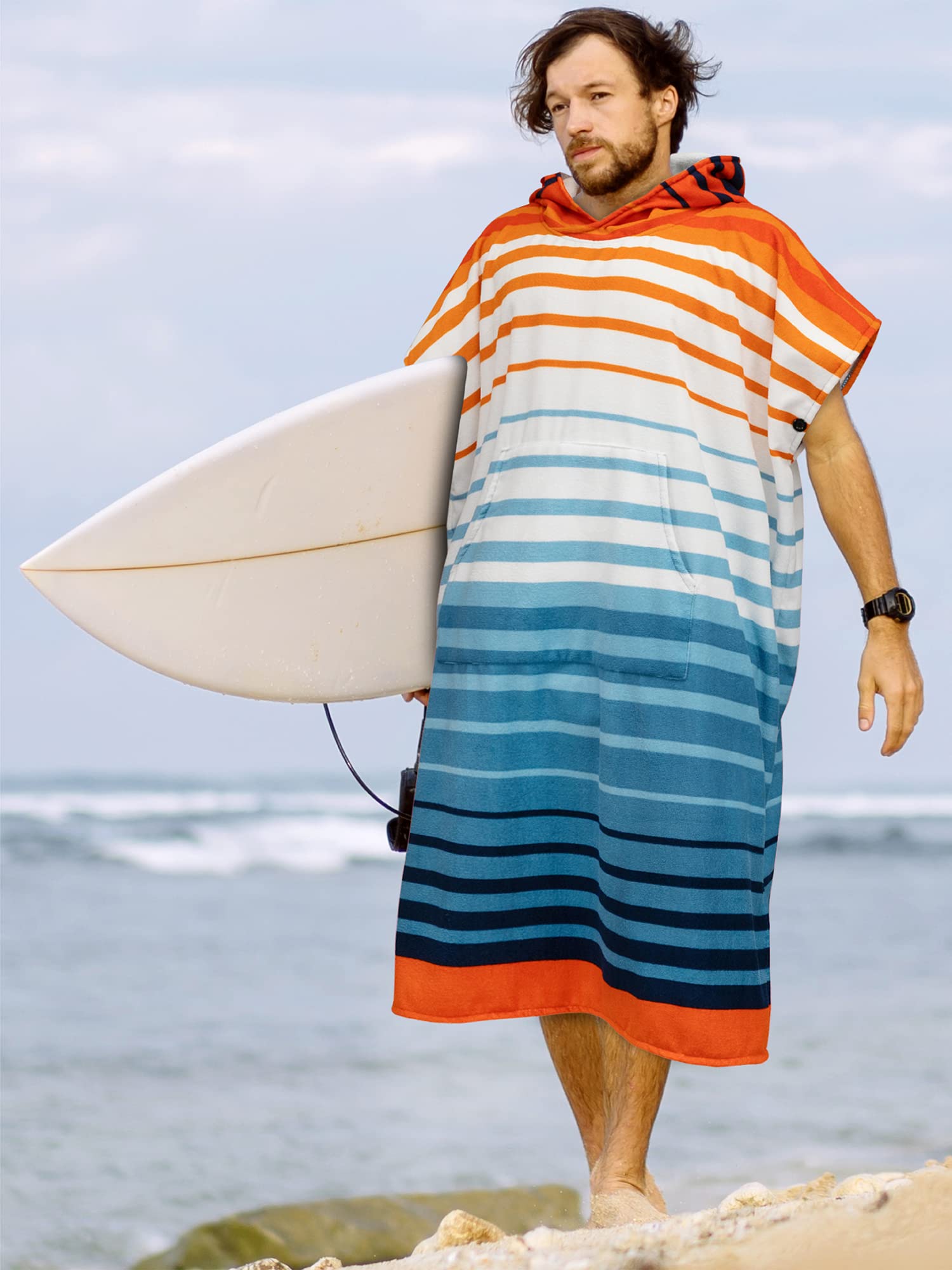 **Quick Dry Microfiber Surf Poncho Changing Robe with Hood & Pocket - Sun Cube Wetsuit Towel for Men & Women (Orange Stripe, One Size) - Perfect for Surfing, Beach, Swimming & Outdoor Activities**