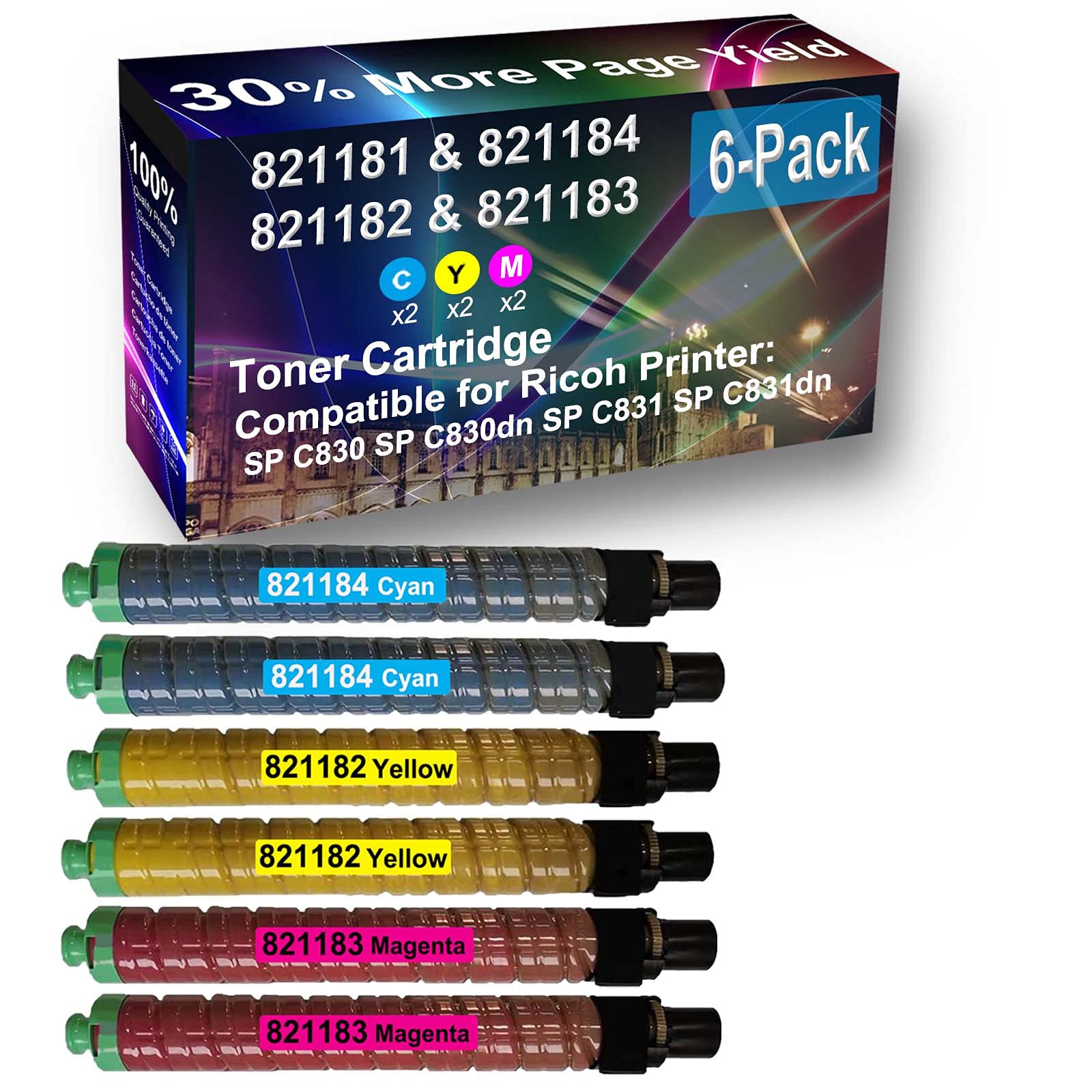 6-Pack (2C+2Y+2M) High Yield 821184 821182 821183 Compatible Toner Cartridge for Ricoh SP C831dn Laser Printer - Perfect for Office Printing & Bulk Document Production