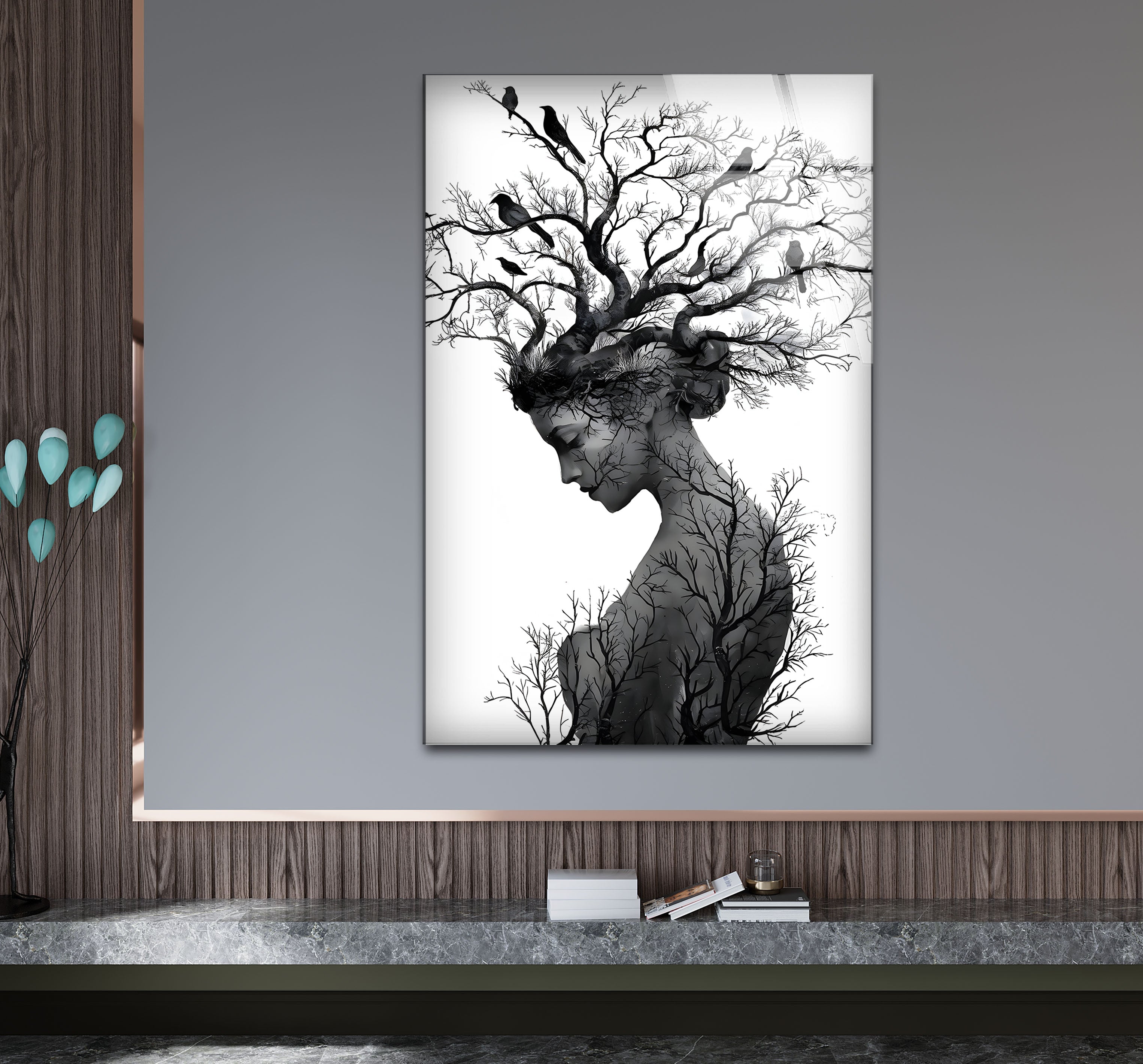 Black and White Mother Nature Glass Wall Art - Elegant Nature-Inspired Home Decor for Living Room, Bedroom & Office