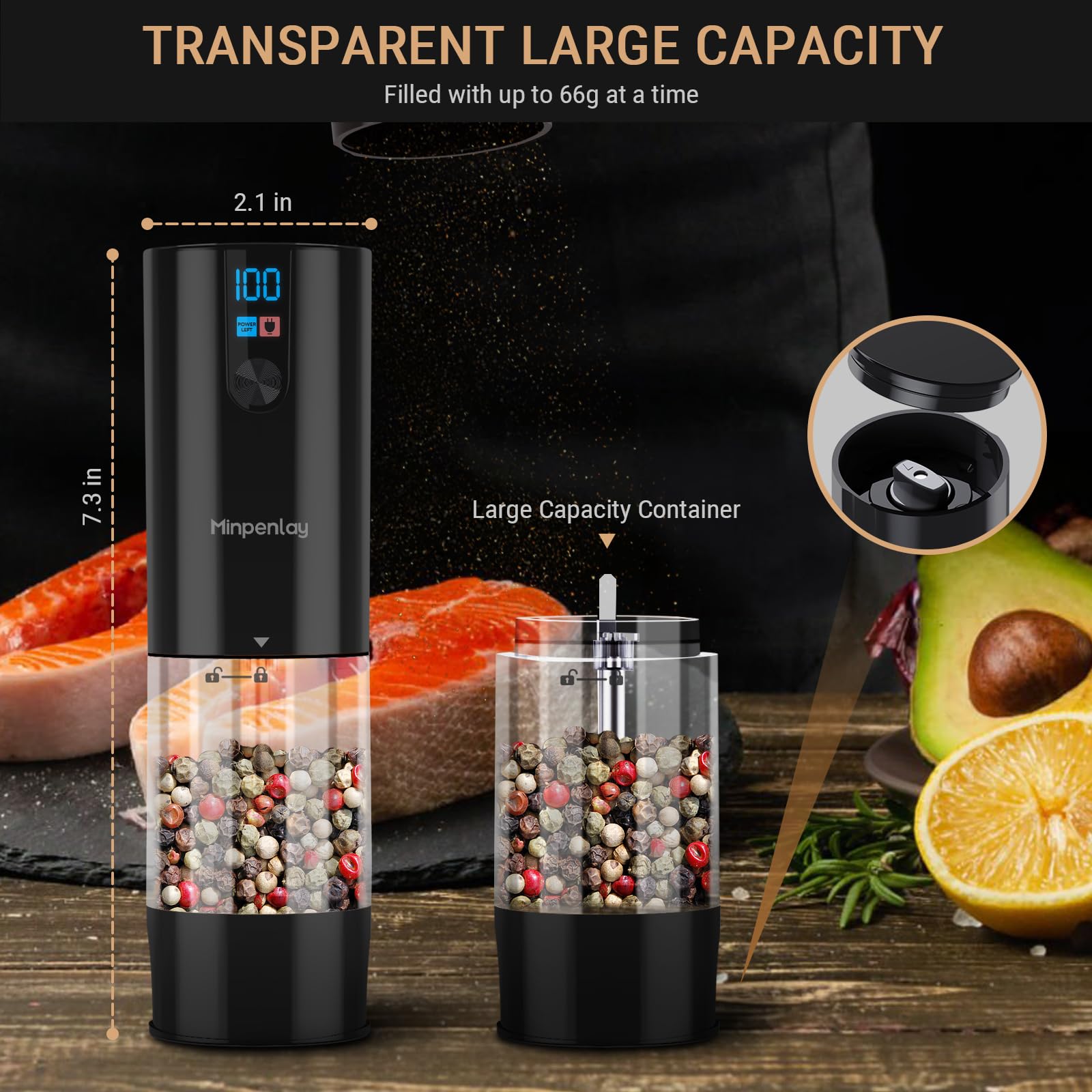 Rechargeable Electric Salt and Pepper Grinder Set with LED Display - Adjustable Coarseness, 120ml Capacity - Automatic Kitchen Spice Mill for Home & Restaurant Use - Perfect for Cooking, Dining & Gourmet Meal Prep (Bright Black, 2-Pack)