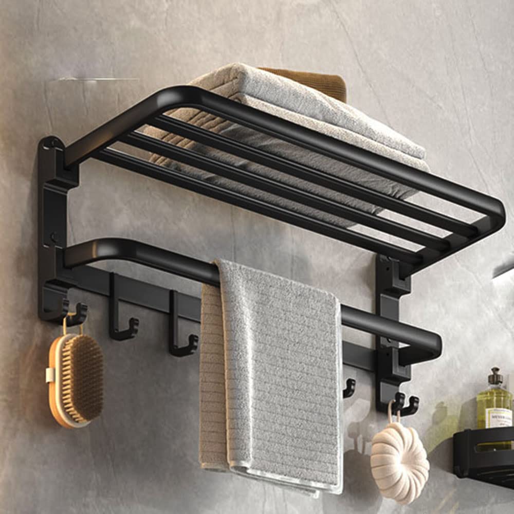 Matte Black No Drill Wall Mounted Towel Rack - 22.5 Inch Double Towel Rod with Shelf for Bathroom, Shower & Hotel Use - Rustproof Bathroom Organizer for Spa-Like Experience