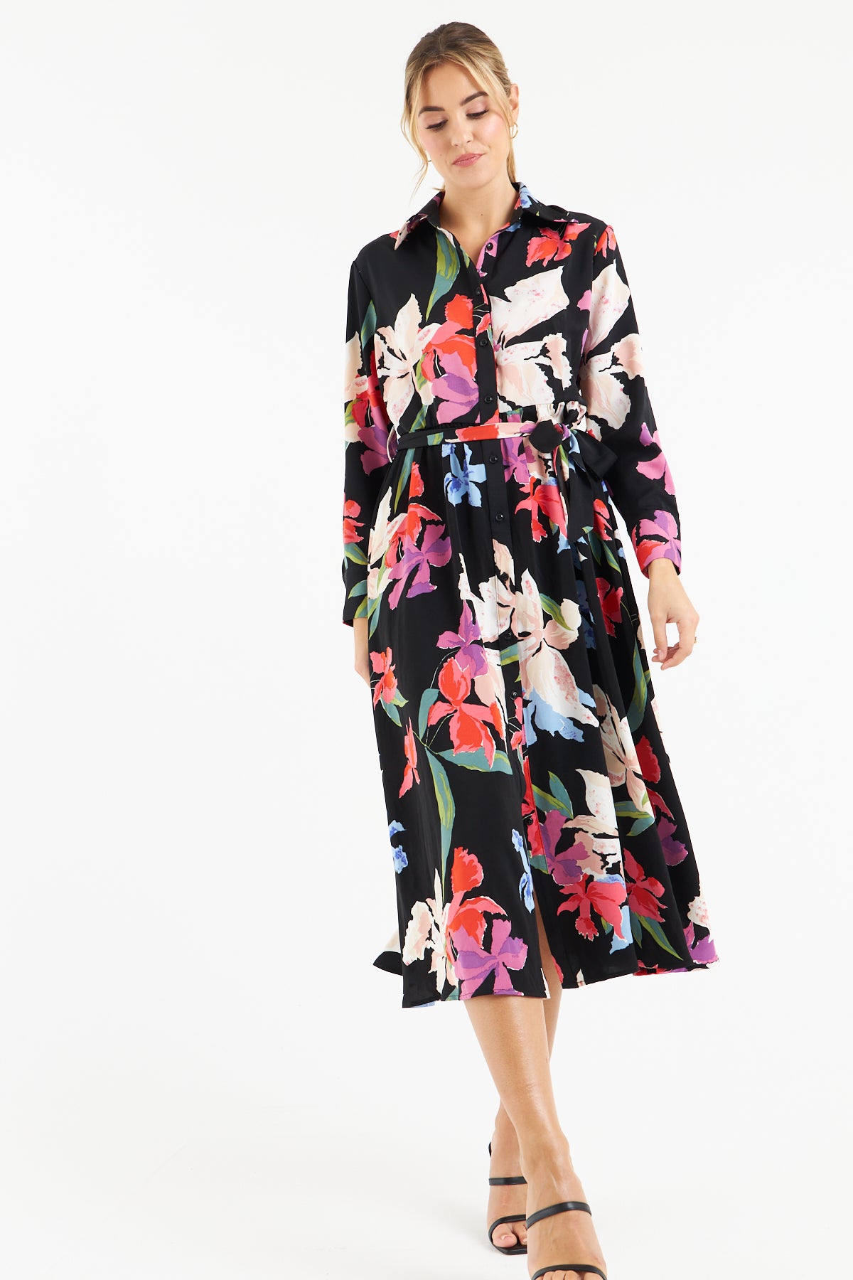 Stylish Kitty Floral Print Black Shirt Dress for Women - Perfect for Casual Outings, Office Wear & Spring Fashion