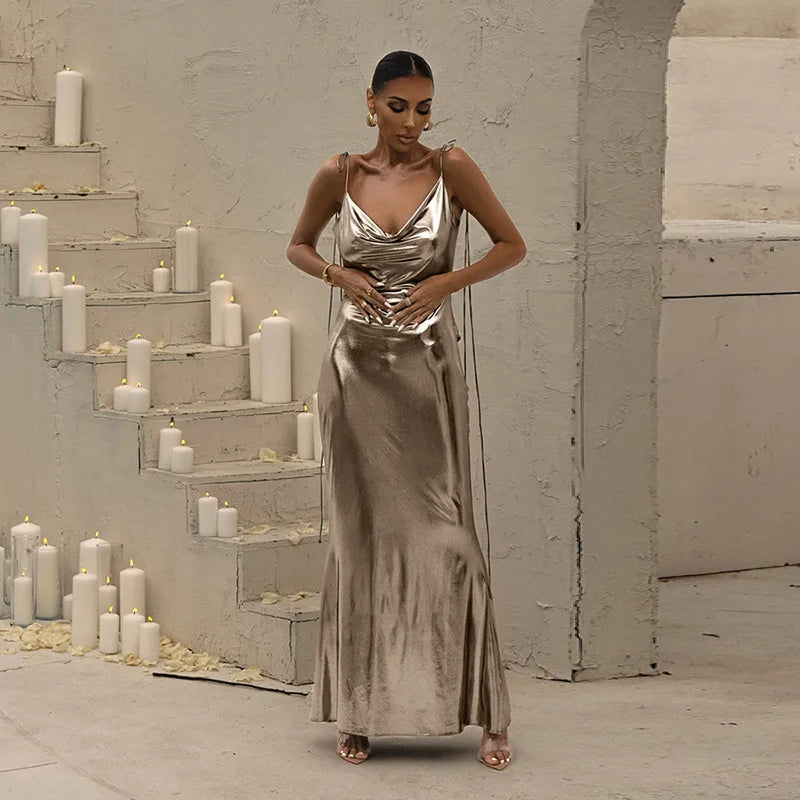 **GACVGA Sexy Bandage Maxi Dress - Women's Silver Shiny Pleated Bodycon Backless Long Dress for Spring & Summer | Perfect for Streetwear, Night Out, and Party Occasions**