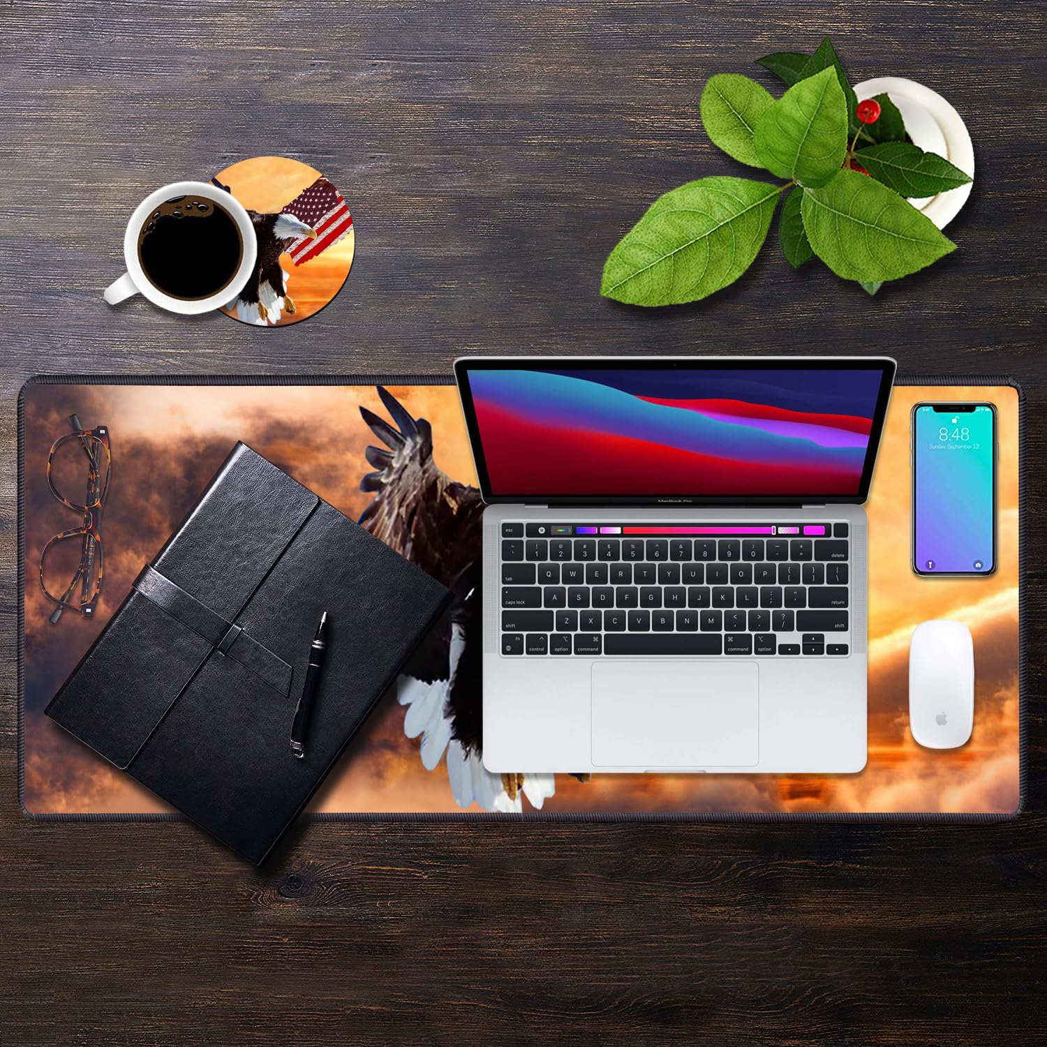 XXL Gaming Mouse Pad 31.5x11.8 Inches - Non-Slip Desk Mat with Stitched Edges & 2 Coasters - Perfect for PC Gaming, Office Work & Home Decor (American Flag Bald Eagle Design)