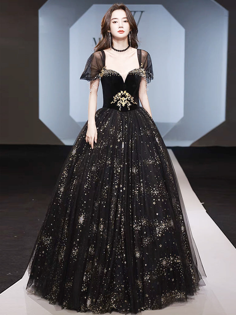 Elegant Black A-Line Off Shoulder Tulle Lace Long Prom Dress with Beaded Details - Perfect for Formal Dances, Evening Galas, and Special Occasions