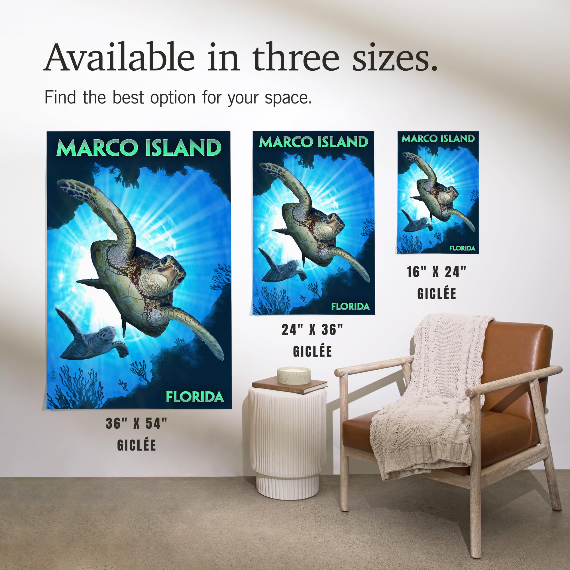 Lantern Press 16x24 Inch Giclee Art Print - Marco Island Florida Sea Turtle Diving Underwater Wall Decor - Perfect for Beach House, Living Room & Office Decor