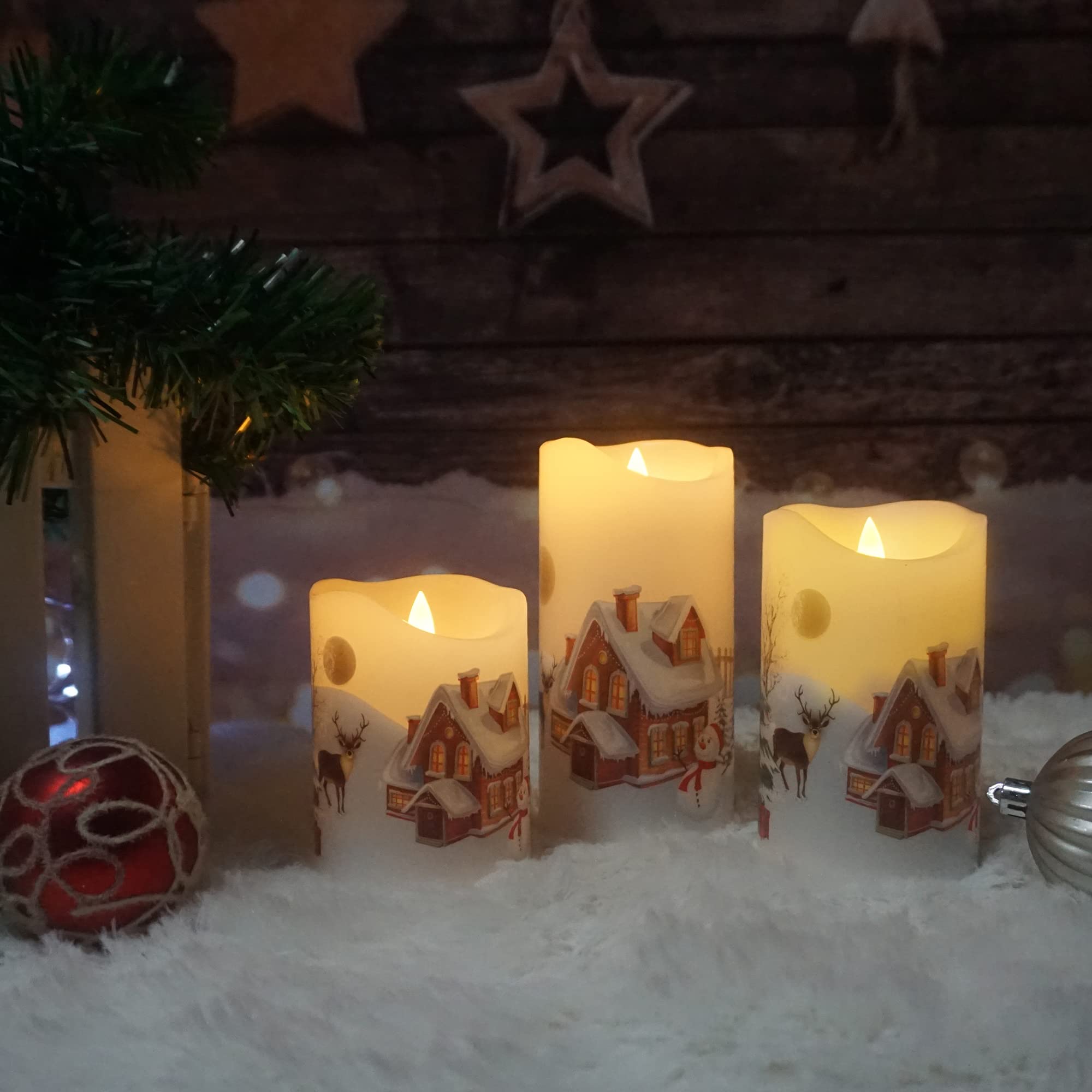 Real Wax Flameless LED Candles with Remote & Timer - 3 Pack Battery Operated Electric Pillar Candles with Realistic Flickering for Christmas Decor (Reindeer/Snowman/Tree Decals) - Perfect for Holiday Home Decor, Winter Centerpieces & Cozy Ambiance