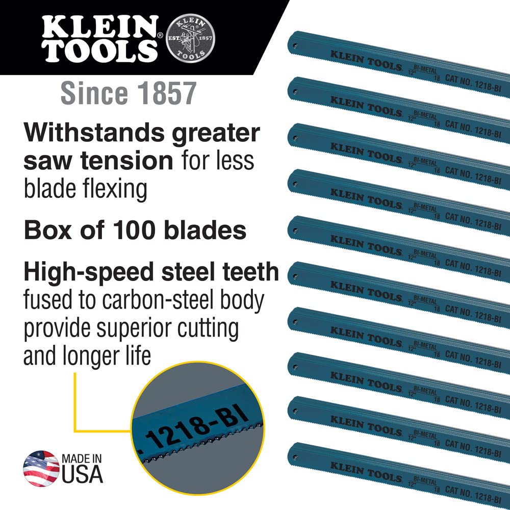 Klein Tools 1218BI Hacksaw Blades - 12-Inch Bi-Metal Replacement Blades (18 TPI, 100-Pack) - Durable Cutting Blades for Metal, PVC & Wood - Perfect for DIY Projects, Construction & Plumbing Work