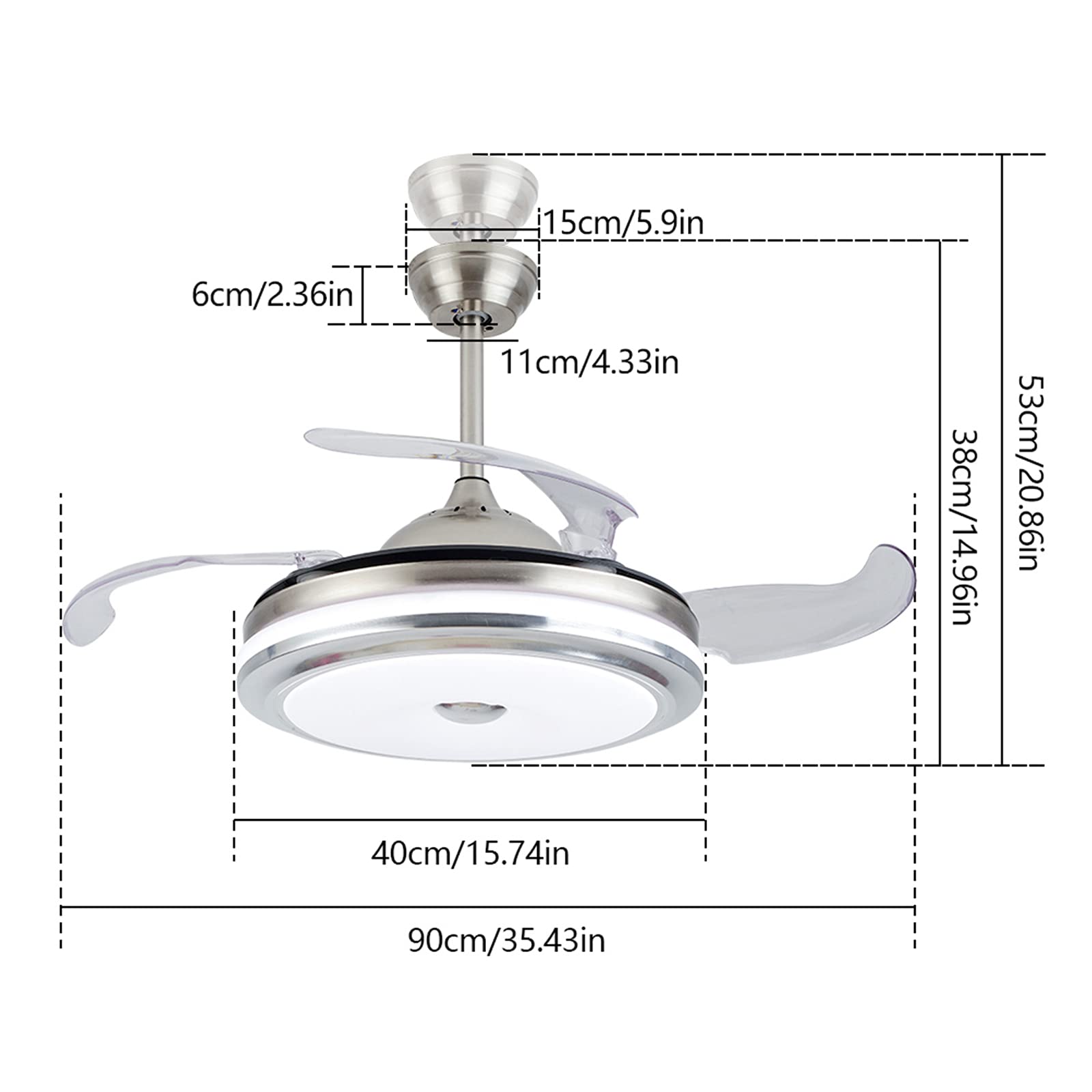 TFCFL 36 Inch Invisible Ceiling Fan with LED Light - Dimmable Modern Chandelier Fan with Remote Control & Retractable Blades, 3 Speed Settings & 3 Color Temperatures - Perfect for Living Room, Bedroom, Restaurant & Office Spaces