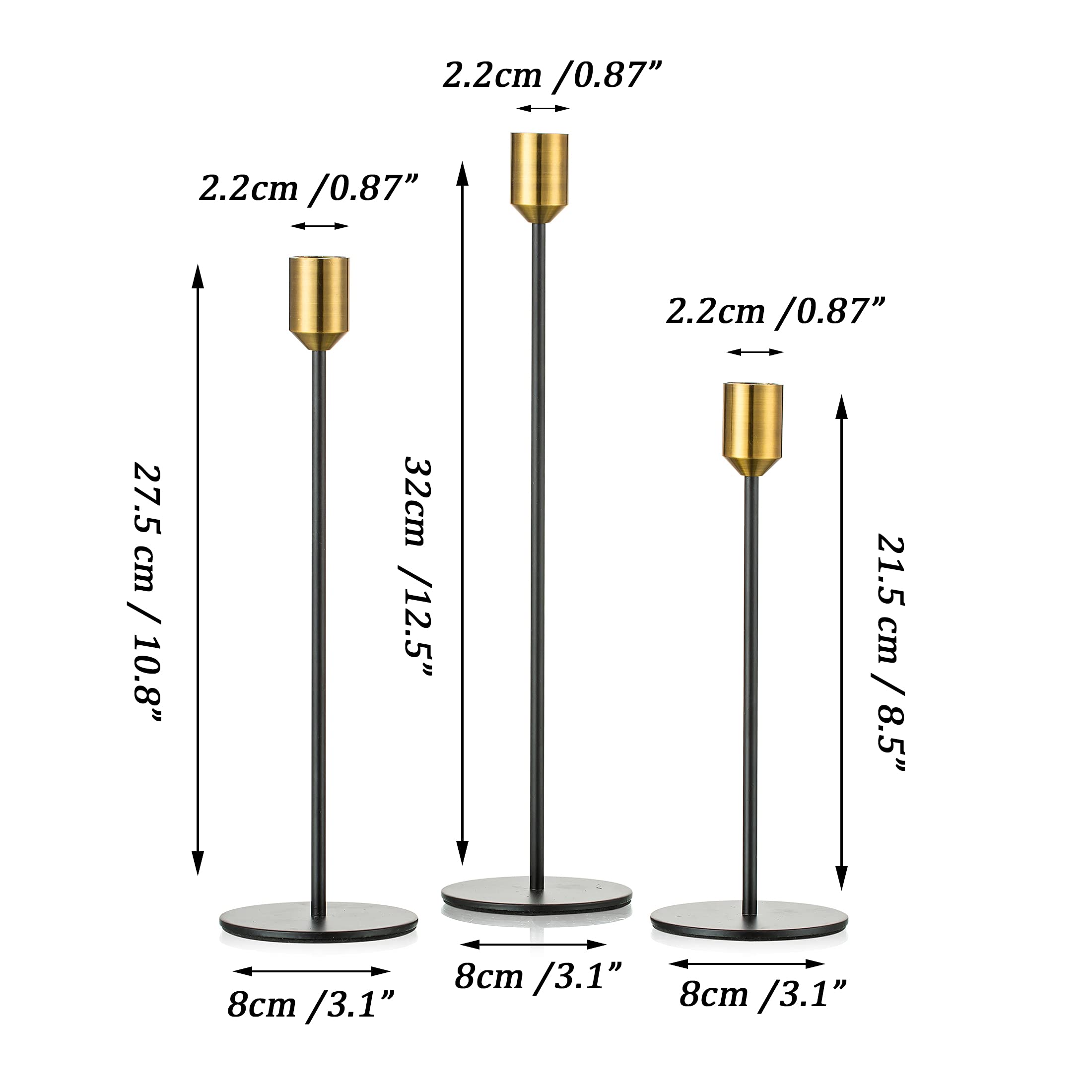 Romadedi Black and Gold Tall Candle Holders - Set of 3 Elegant Taper Candle Sticks for Home Decor, Wedding Centerpieces & Christmas Table Settings (8.5/11/13 Inches) - Perfect for Dining Tables, Mantels & Holiday Displays