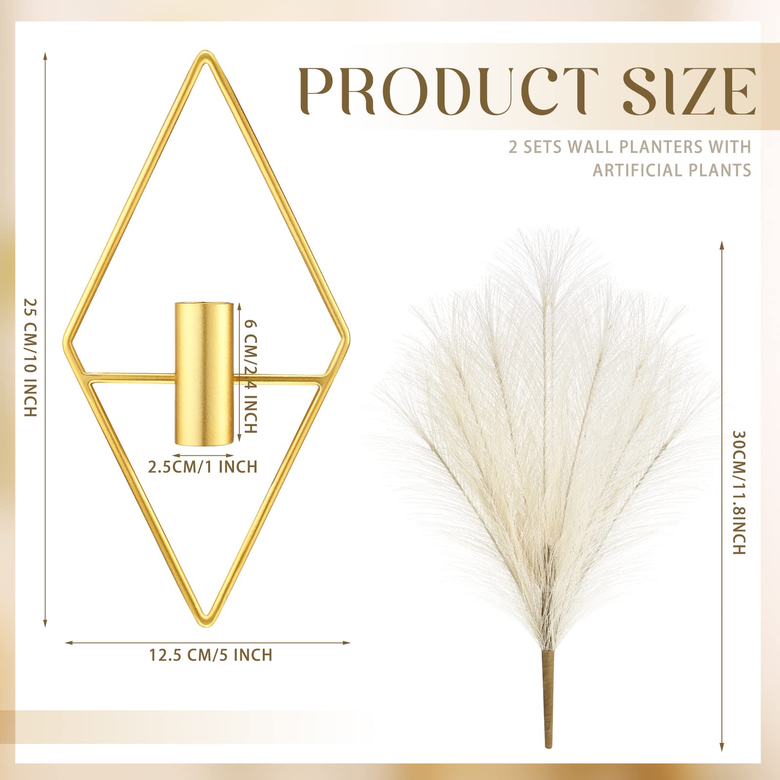 Peryiter 2 Pack Boho Wall Decor - Gold Metal Wall Art with Hanging Planters & Artificial Pampas Grass - Modern Home Decor for Living Room, Bedroom, Bathroom - Perfect for Bohemian Style Interior Design & Housewarming Gifts (Rhombus Shape)