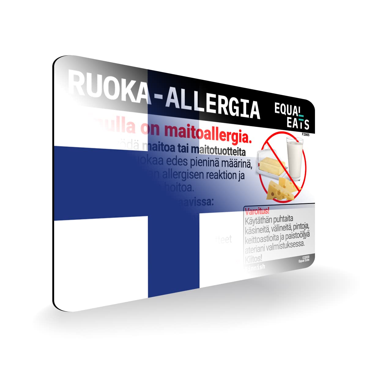 Finnish Milk Allergy Card - Plastic Medical Alert Chef Card for Dairy Allergy | Travel-Safe Food Allergy Translation Card for Restaurants in Finland | Essential for Dining Out & Traveling with Food Allergies