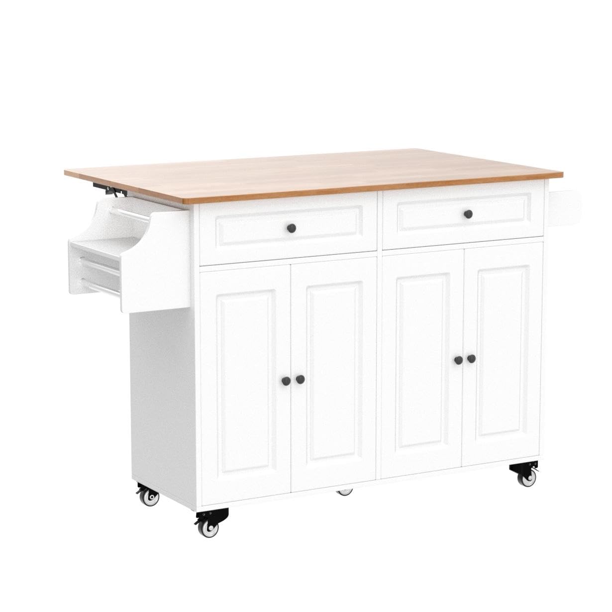 Rolling Kitchen Island Cart with Natural Rubber Wood Top - Mobile Kitchen Cart with Double Storage Cabinets & Drawers - White Kitchen Workstation for Small Spaces & Apartment Cooking