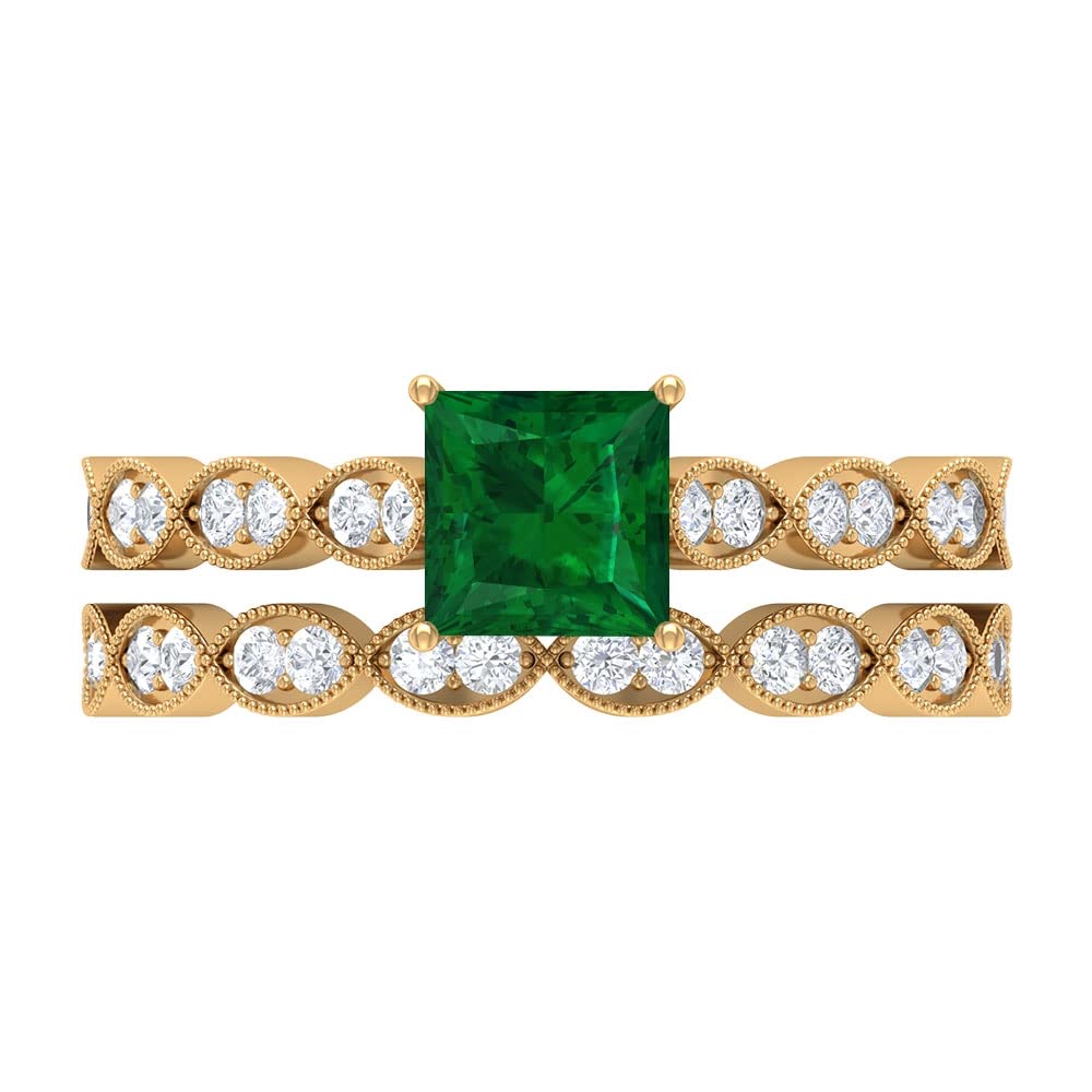 1.75 CT Princess Cut Created Emerald and Moissanite Ring Set in 14K Solid Gold - Elegant Solitaire Designer Jewelry for Engagement, Wedding & Anniversary Gifts