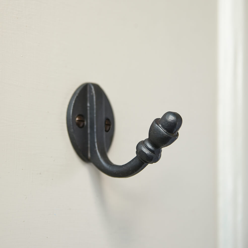 Forged Black Beeswax Single Coat Hook - Rustic Wall Mounted Hooks for Hanging Coats, Hats & Bags in Entryway, Bathroom or Bedroom