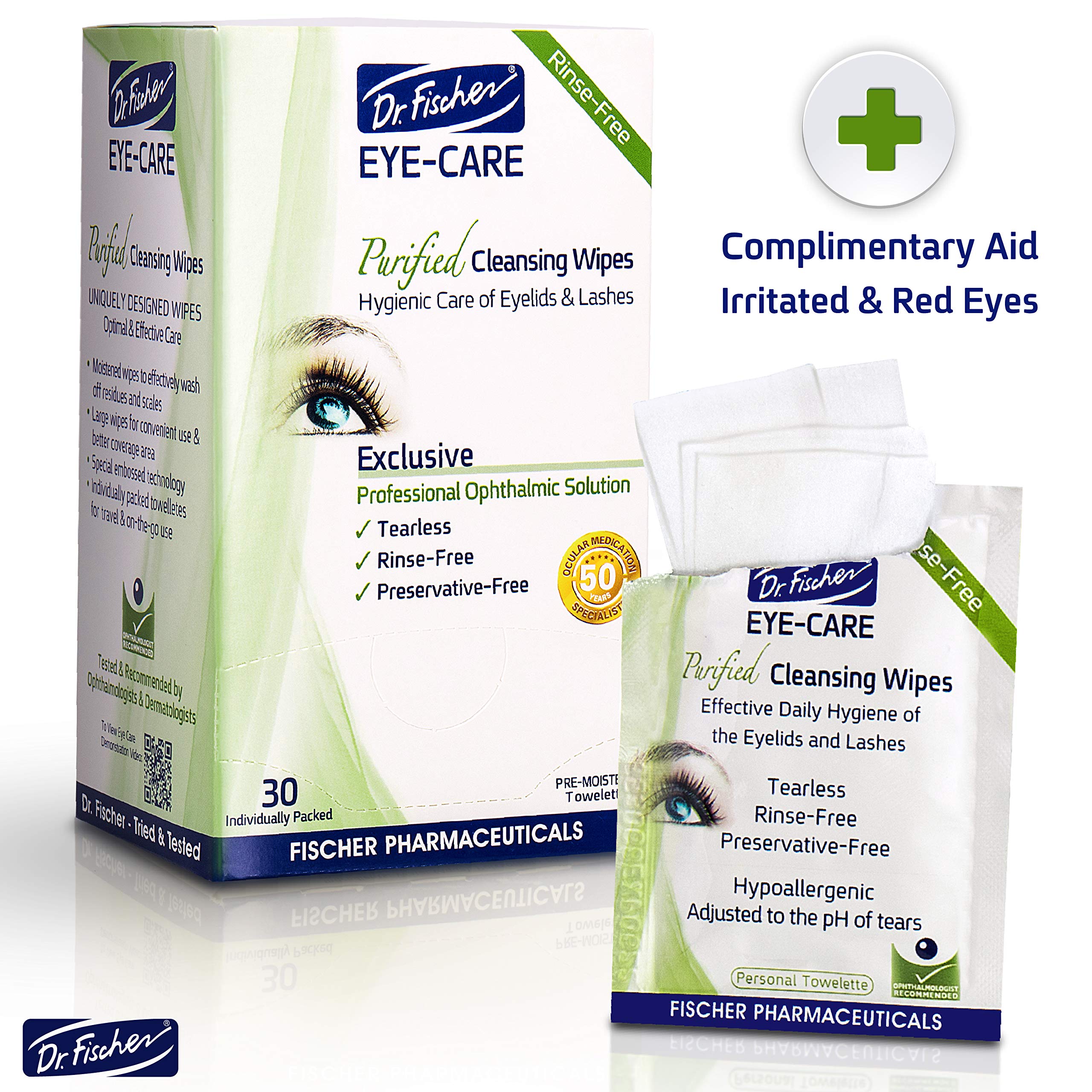 Dr. Fischer Hypoallergenic Eye Wipes & Eyelid Cleanser Foam - Gentle Demodex Blepharitis Relief for Sensitive Eyes | Daily Eyelash Hygiene & Allergy Care | Perfect for Contact Lens Wearers & Post-Makeup Removal