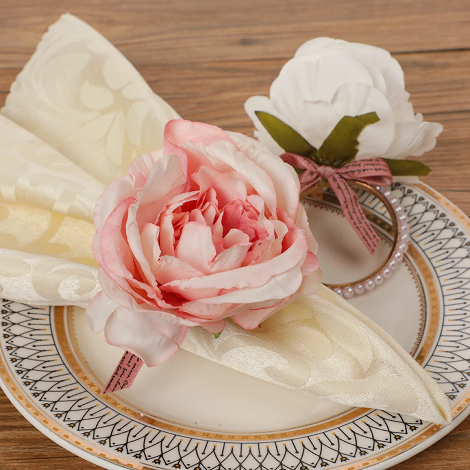 Handmade Silk Rose Napkin Rings Set of 4 - Pearl Decor Floral Napkin Holders for Wedding, Valentine's Day, Banquet, Christmas & Birthday Party - Elegant Table Setting for Romantic Dinners & Special Occasions