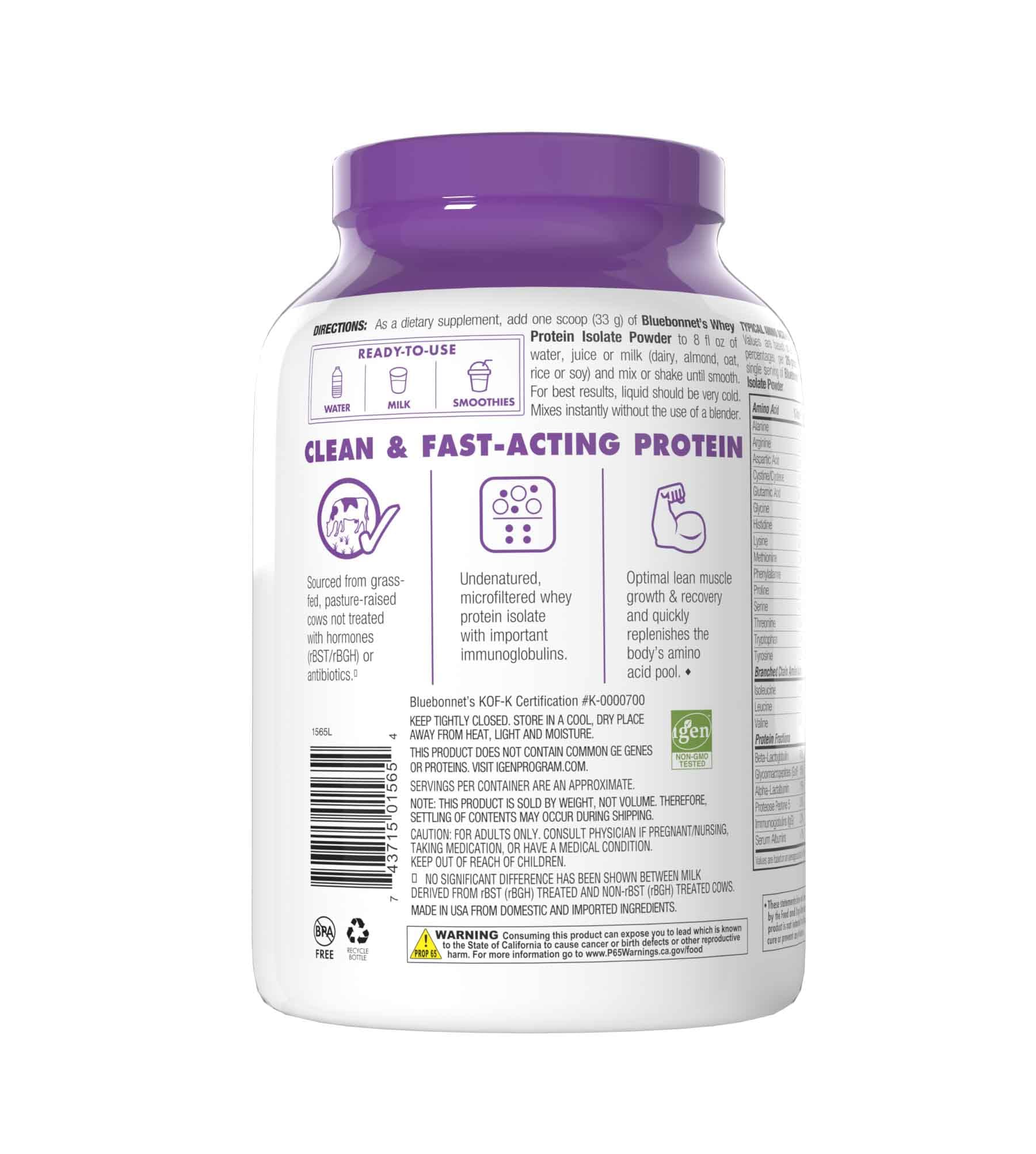BlueBonnet Grass-Fed Whey Protein Isolate Powder - 26g Protein, No Sugar Added, Gluten & Soy Free, Kosher Dairy - 2 Lbs (28 Servings) French Vanilla Flavor - Perfect for Post-Workout Recovery & Healthy Smoothies