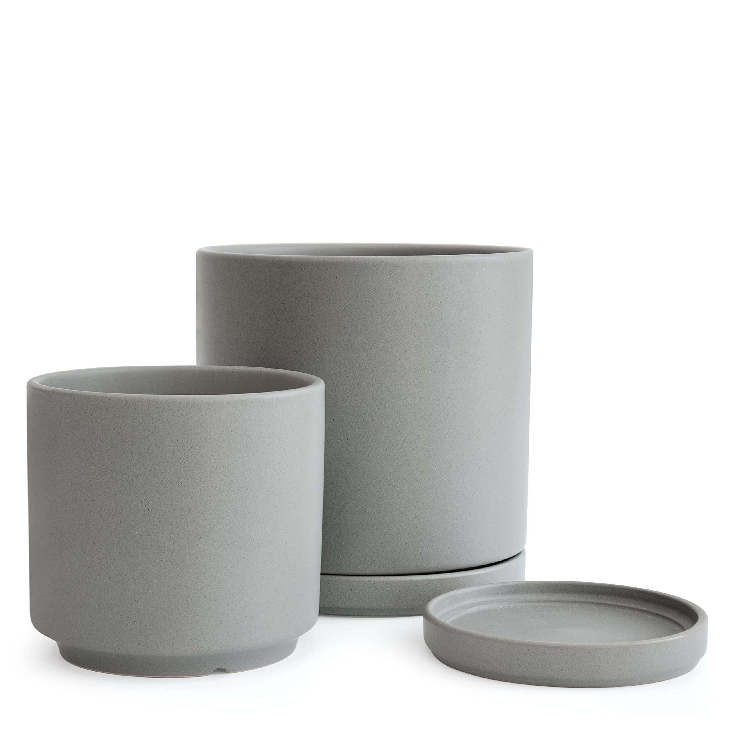 D'vine Dev 8 Inch & 10 Inch Ceramic Flower Pots with Drainage Hole and Saucer - Large Indoor Planters Set for Succulents, Herbs, Small Trees - Modern Grey Home & Garden Decor (94-G-L-3)