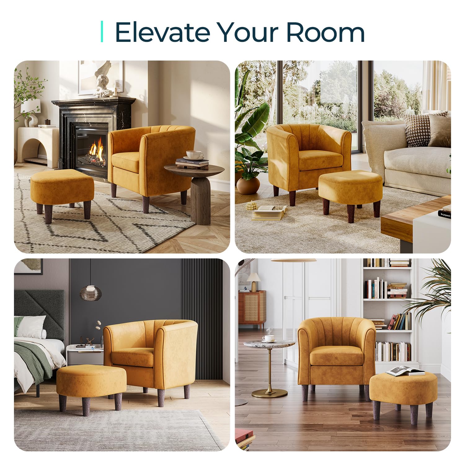 LINSY Modern Velvet Accent Chair with Ottoman - Barrel Style Comfy Armchair with Footrest for Living Room, Bedroom & Reading Room - Round Arms Lounge Chair in Yellow | Perfect for Relaxing, Reading & Home Decor
