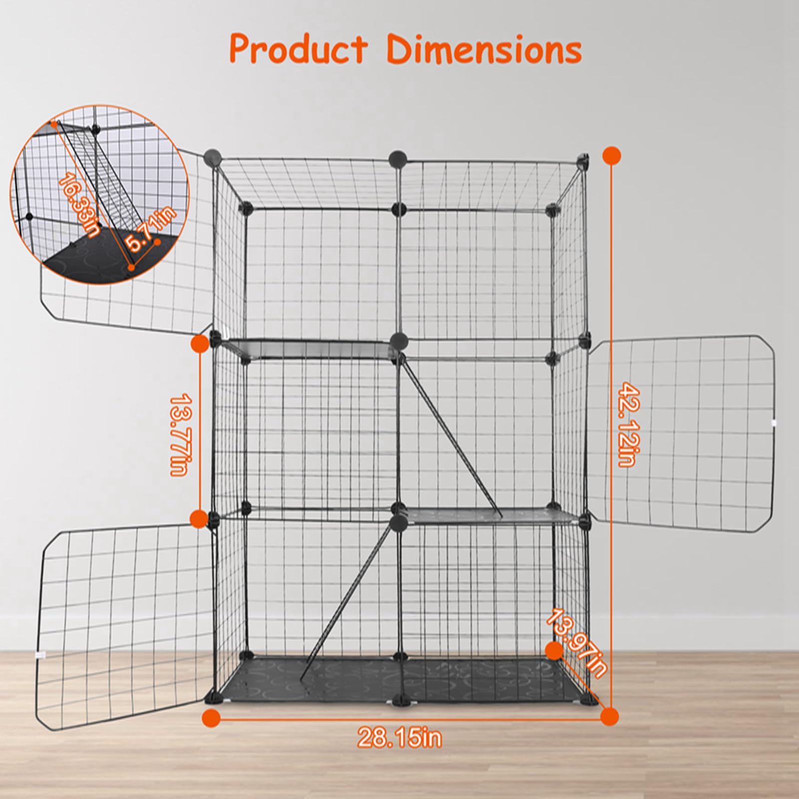 3 Tier Cat Cage Playpen - 42 Inch Indoor & Outdoor Metal Cat Enclosure with 3 Doors & 2 Ladders - Detachable Large Cat Playpen for 1-2 Cats - Easy Assembly Black Pet Exercise Pen - Perfect for Home, Garden, or Travel Use