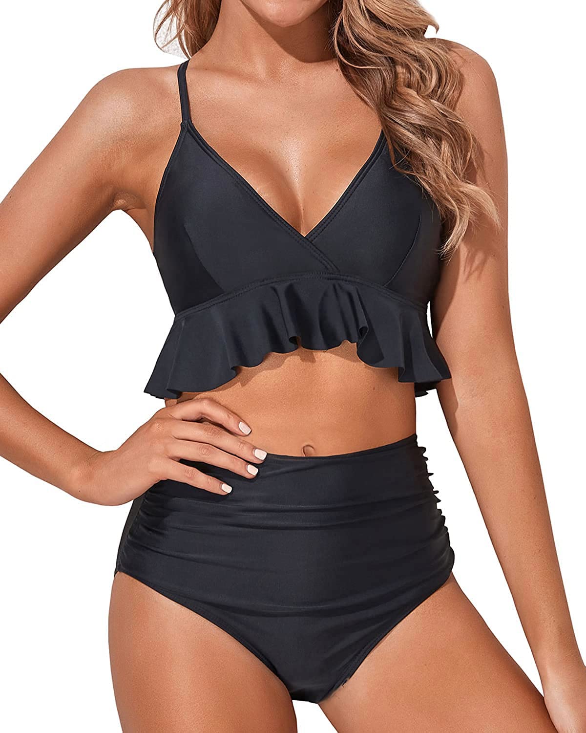 Tempt Me Women's High Waisted Bikini Set - Ruffle Flounce Two Piece Swimsuits with Tummy Control - Perfect for Beach Vacations, Pool Parties & Summer Getaways