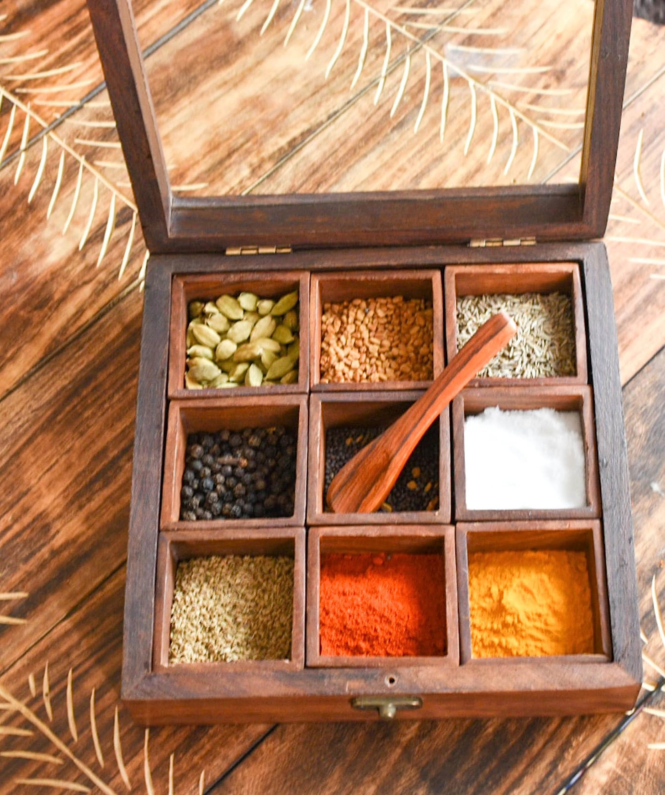 Premium Masala Dabba - 8 Inch Indian Wooden Spice Box with Glass Lid & Spoon | Sheesham Rosewood Spice Organizer | Perfect for Indian Cooking, Spice Storage & Kitchen Organization