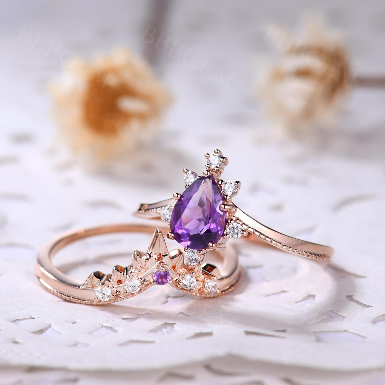 Natural Amethyst Purple Crystal Ring Set - 2 Piece Pear Cut Wedding Band for Women, Elegant Gemstone Jewelry Gift for Brides, Anniversary & Special Occasions